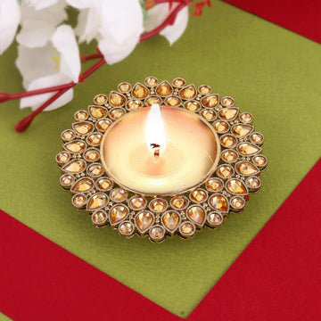 Saloni Fashion Jewellery Traditional Dazzling Oval and Round Shape Brass Gold Plated Brown Stone Festival Decorative Deep / Diya