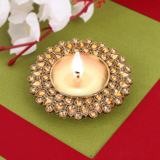 Saloni Fashion Jewellery Traditional Dazzling Oval and Round Shape Brass Gold Plated Brown Stone Festival Decorative Deep / Diya