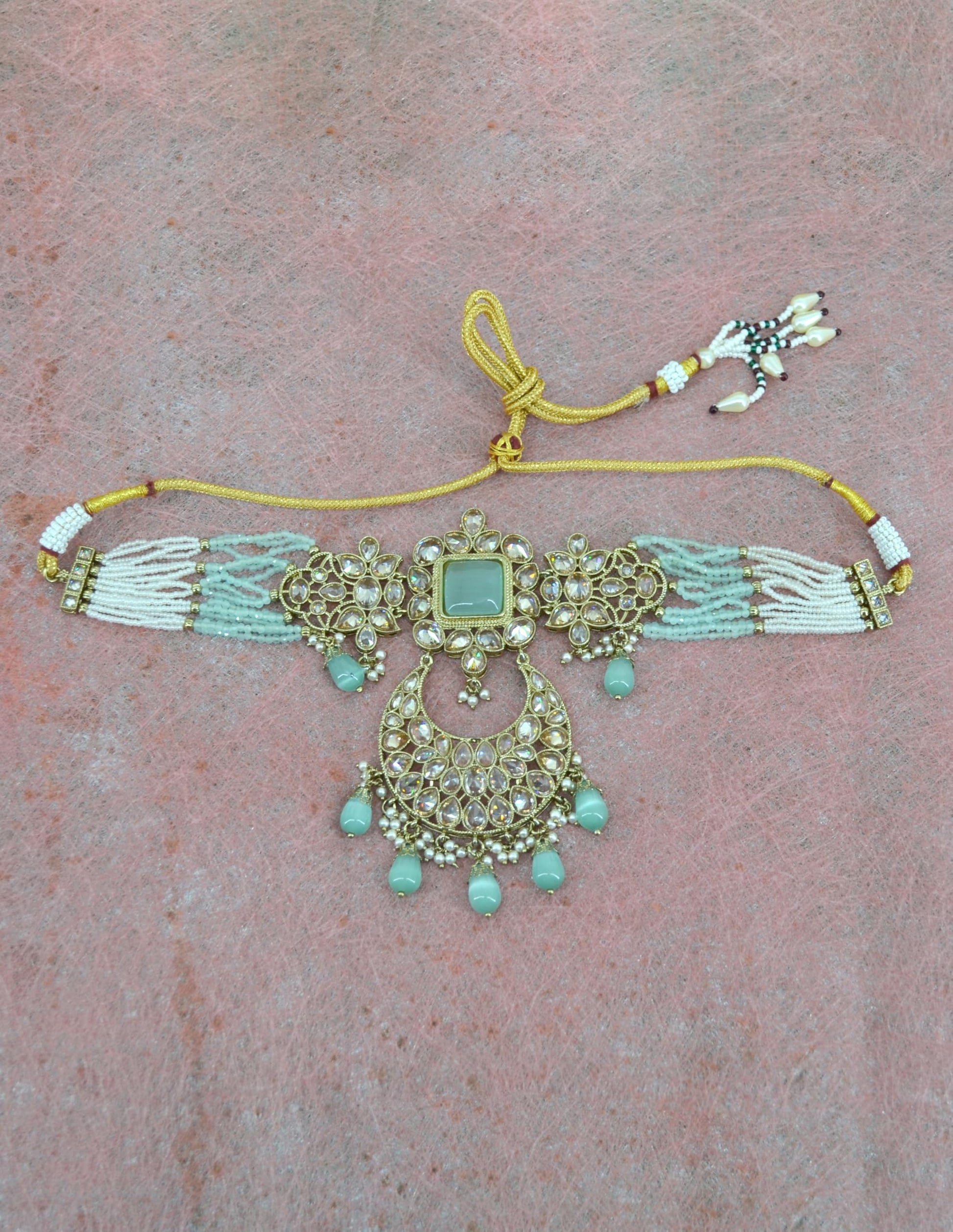 Saloni Fashion Jewellery Splendid Flower and Chandelier Shape Pearl Lariat Uncut Kundan Gold Plated Choker Necklace Set with Maangtikka For Women and Girls
