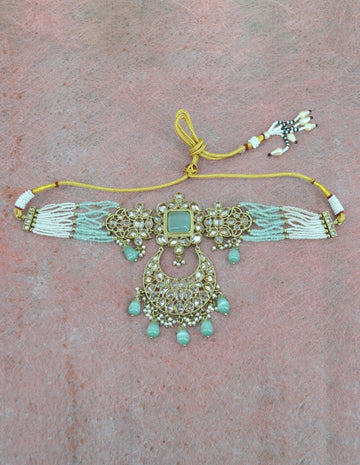 Saloni Fashion Jewellery Splendid Flower and Chandelier Shape Pearl Lariat Uncut Kundan Gold Plated Choker Necklace Set with Maangtikka For Women and Girls