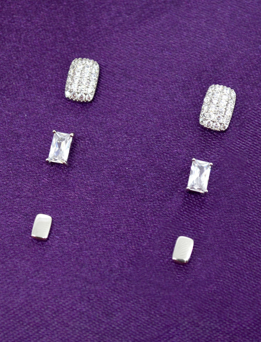 Saloni Fashion Jewellery Stylish Square Shape CZ Brass Silver Plated Set of 3 Combo Stud Earring For Women and Girls