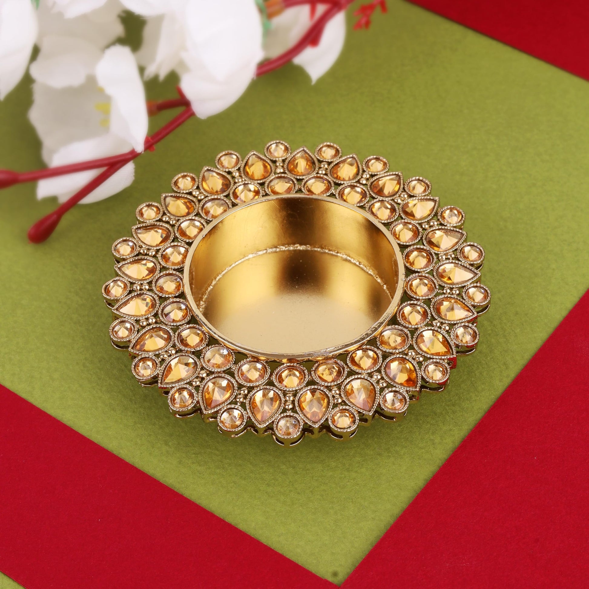 Saloni Fashion Jewellery Traditional Dazzling Oval and Round Shape Brass Gold Plated Brown Stone Festival Decorative Deep / Diya