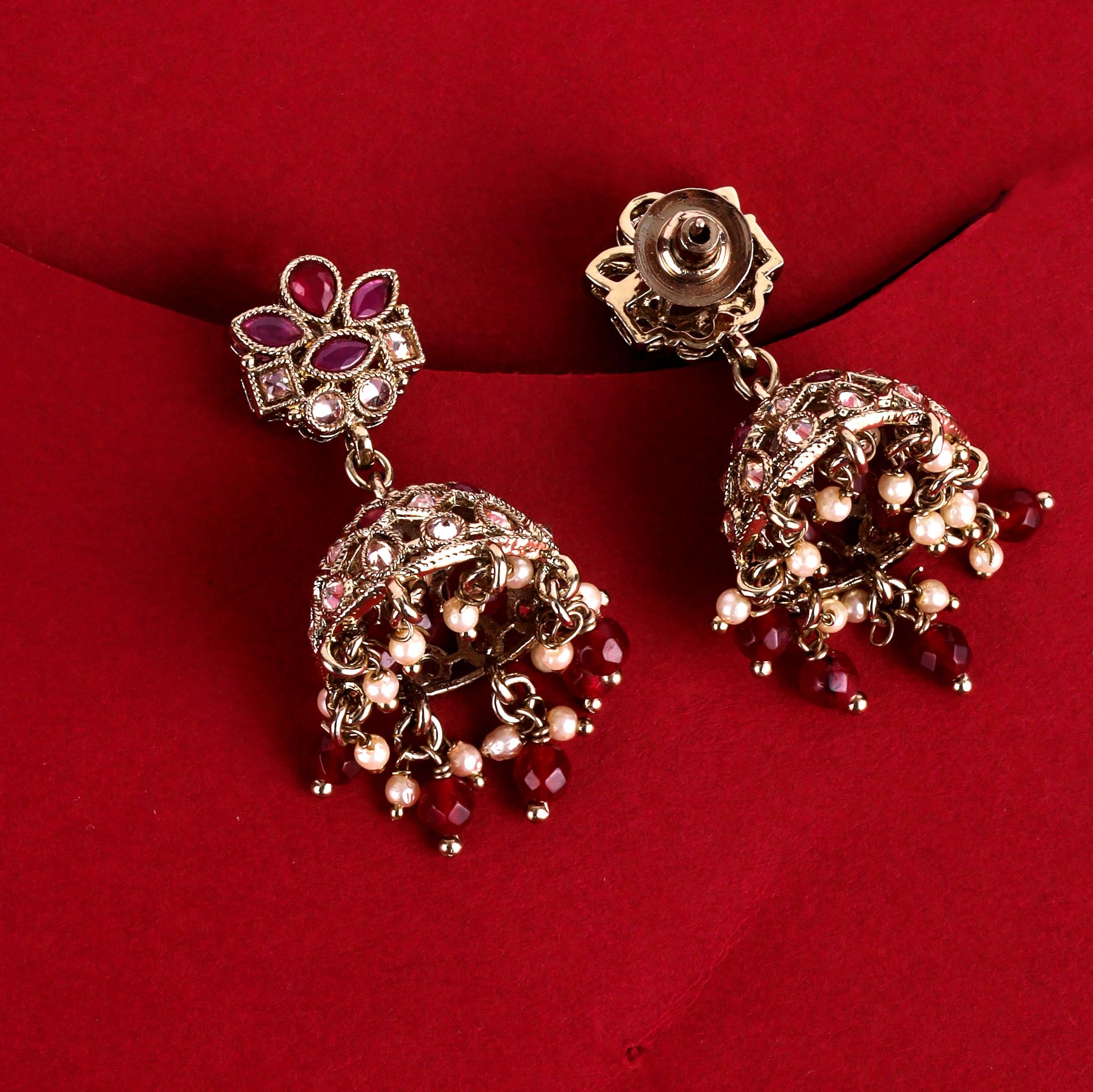 Saloni Fashion Jewellery Beautiful Flower Design Maroon Uncut Kundan Stone Antique Gold Plated Jhumki Earring For Women and Girls