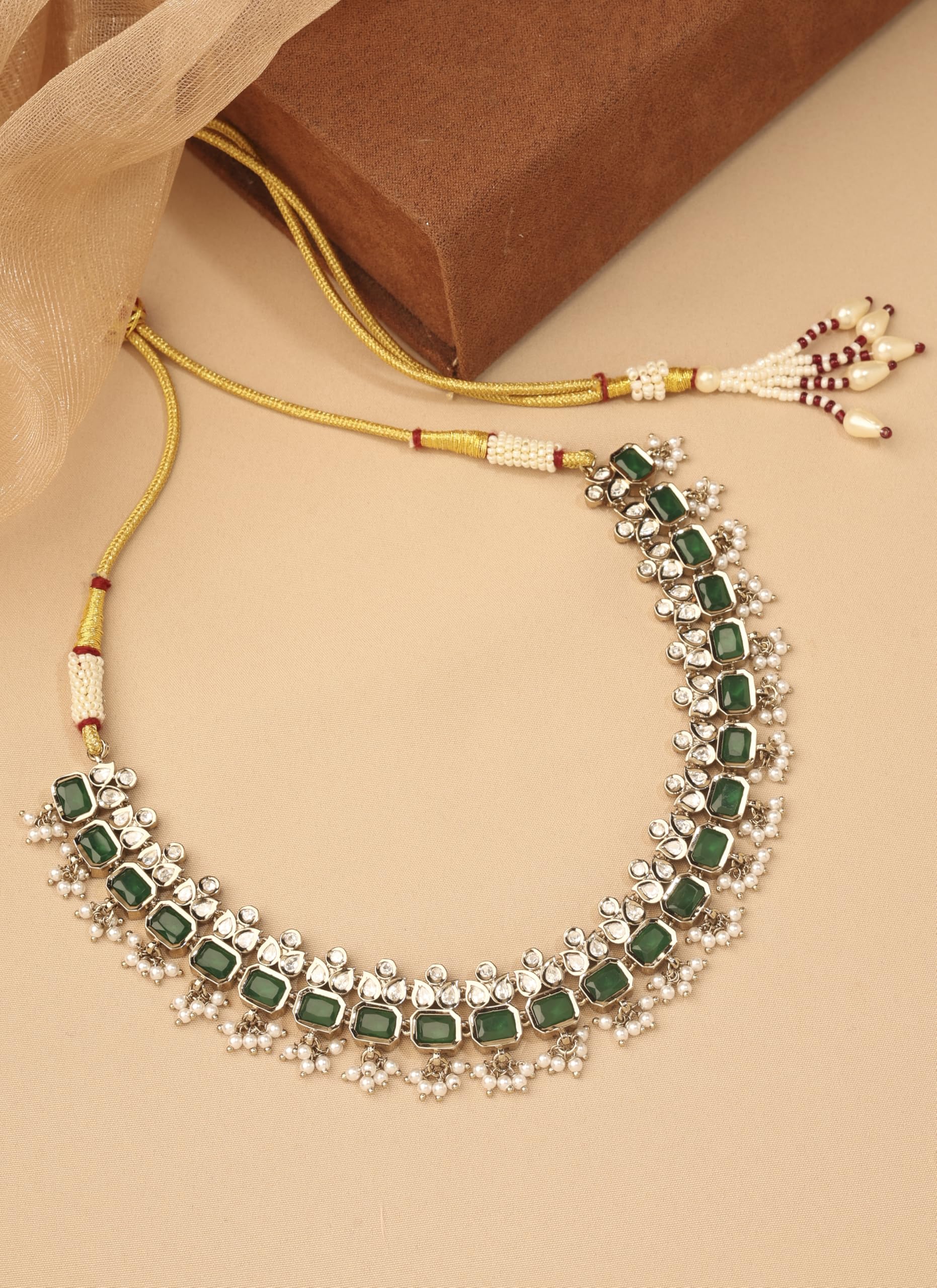 Saloni Fashion Jewellery Superb Leaf and Sqaure Shape Green Kundan Stone Pearl Antique Gold Plated Choker Brass Necklace With Maang Tikka For Women and Girls