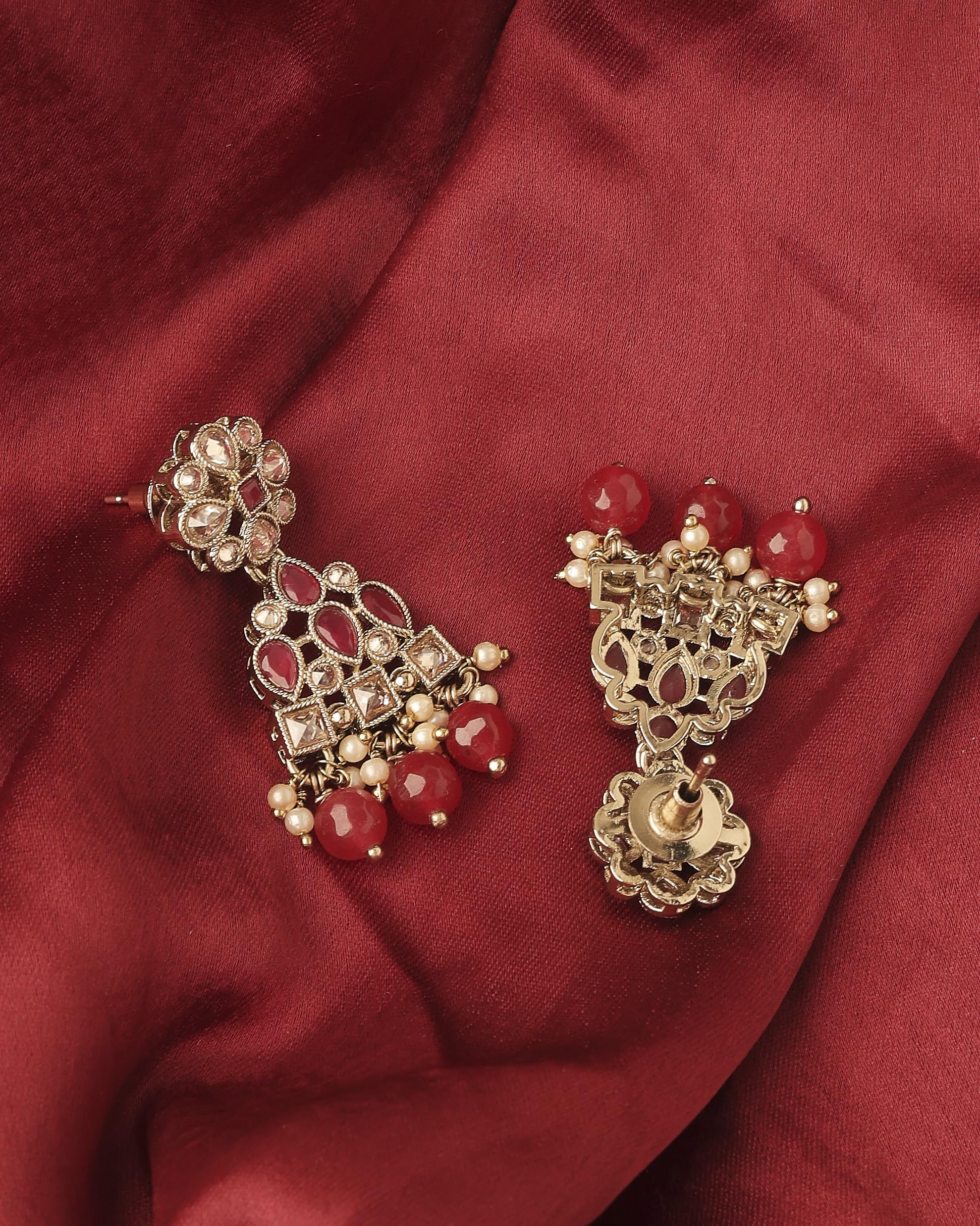Saloni Fashion Jewellery Brilliant Pear and Round Shape Gold Plated Ruby Kundan Stone Dangle Earring For Women and Girls