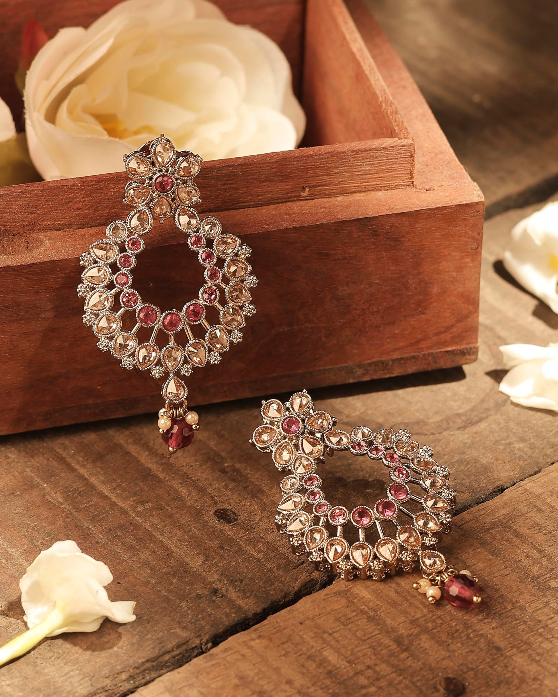 Saloni Fashion Jewellery Inspired Pear and Flower Design Gold Plated Ruby Kundan Stone Chandelier Earring For Women and Girls
