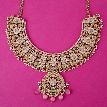 Saloni Fashion Jewellery Gorgeous Flower Design Uncut Kundan Stone Gold Plated Brass Choker Necklace Set With Maang Tikka For Women and Girls