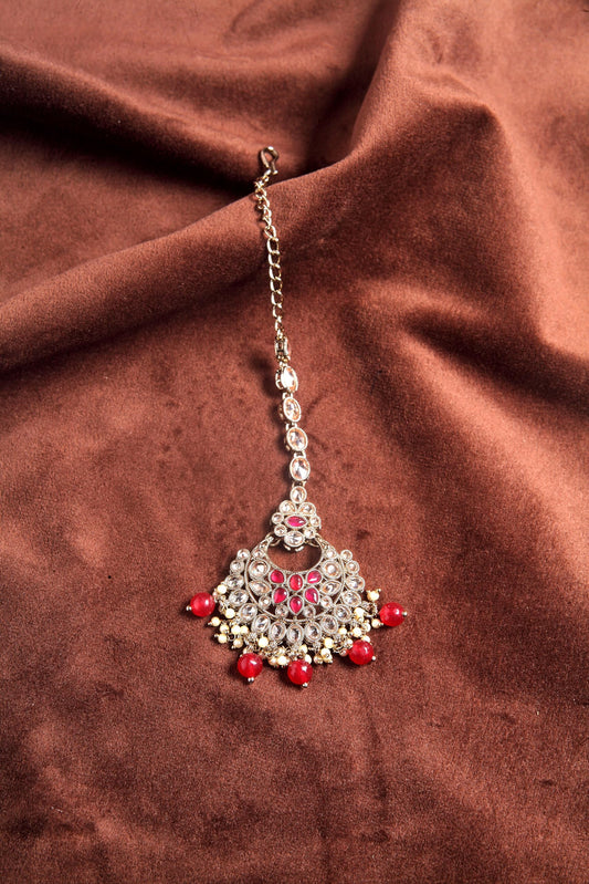 Saloni Fashion Jewellery Glorious Chandelier Shape Mother of Pearl Ruby Uncut Kundan Stone Antique Gold Plated Maang Tikka For Women and Girls