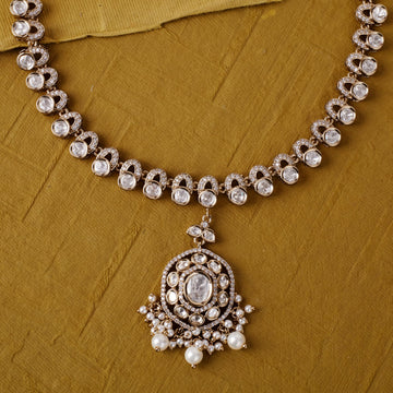 Saloni Fashion Jewellery Glimmery Round Shape Mother of Pearl Uncut Kundan Stone Gold Plated Brass Choker Necklace Set With Maang Tikka For Women and Girls