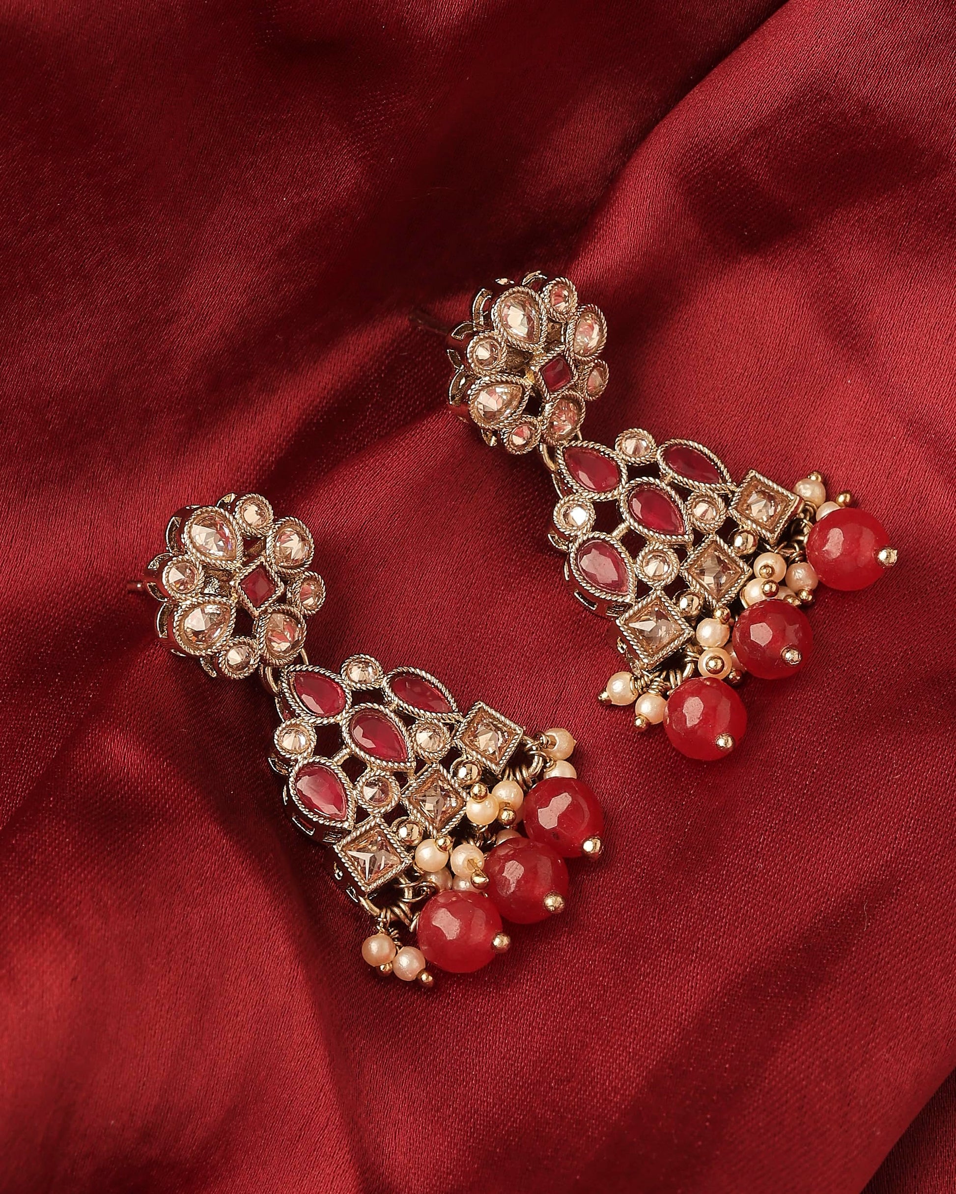 Saloni Fashion Jewellery Brilliant Pear and Round Shape Gold Plated Ruby Kundan Stone Dangle Earring For Women and Girls