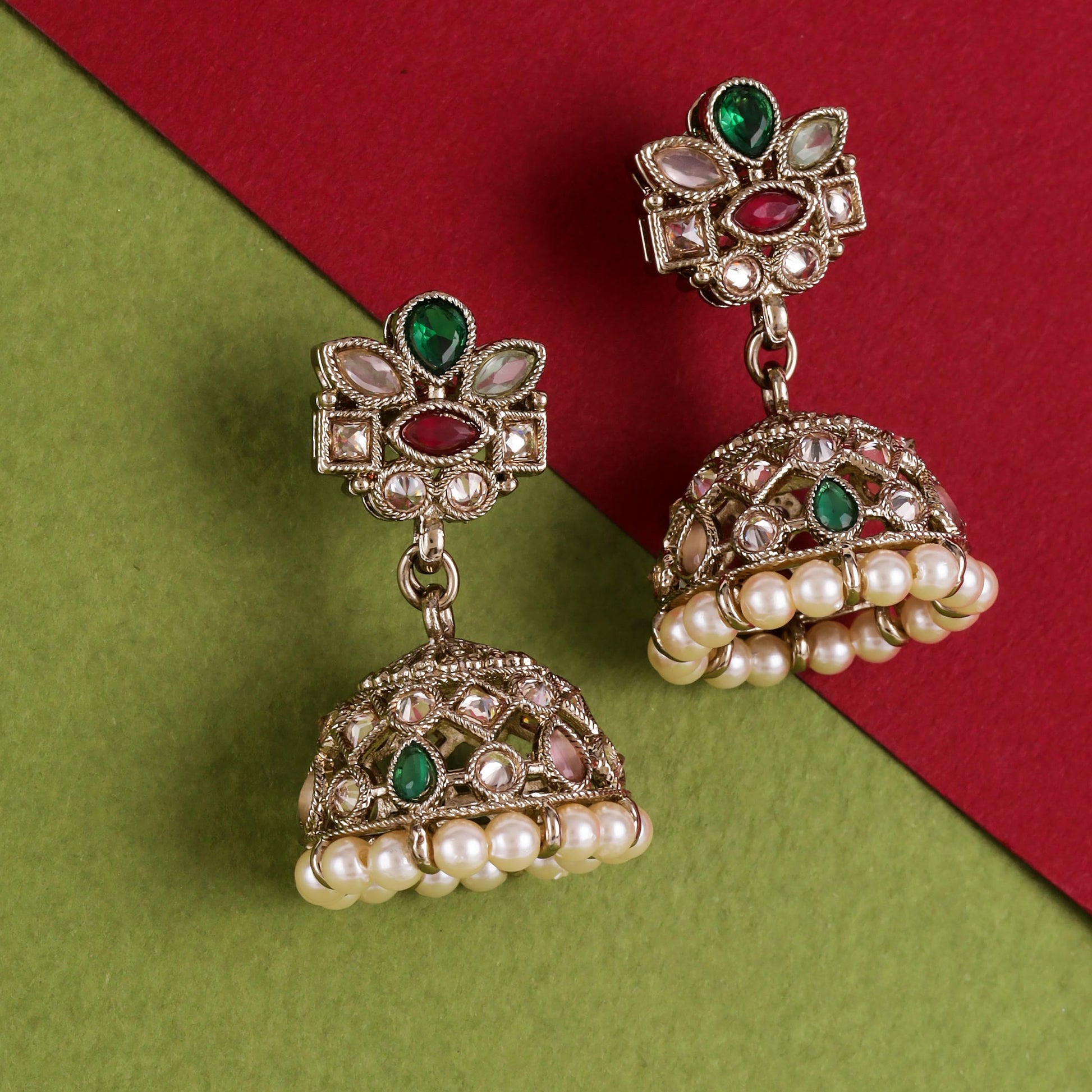 Saloni Fashion Jewellery Astonish Flower Design Multi Uncut Kundan Stone Antique Gold Plated Jhumki Earring For Women and Girls