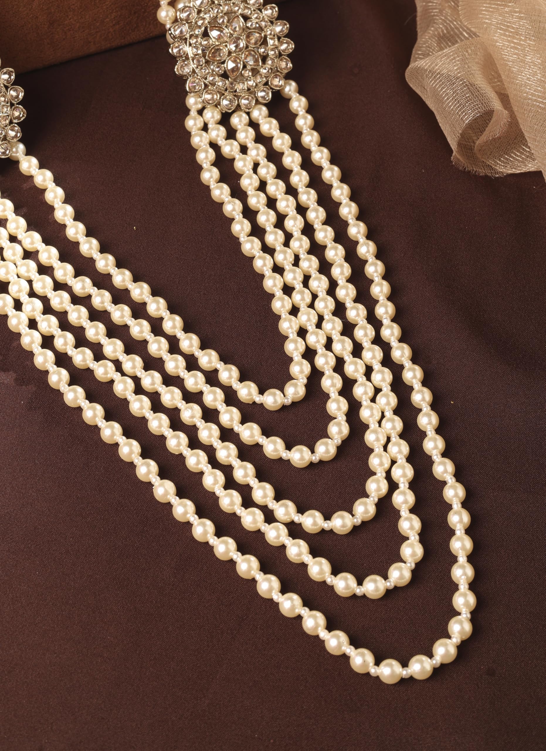Saloni Fashion Jewellery Royal Flower Design Pearl 5 String Brown Stone Kundan Antique Gold Plated Long Haram Necklace Mala For Women and Girls