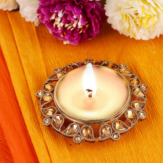Saloni Fashion Jewellery Traditional Designer Paisley and Round Shape Brass Gold Plated Brown Stone Festival Decorative Deep / Diya