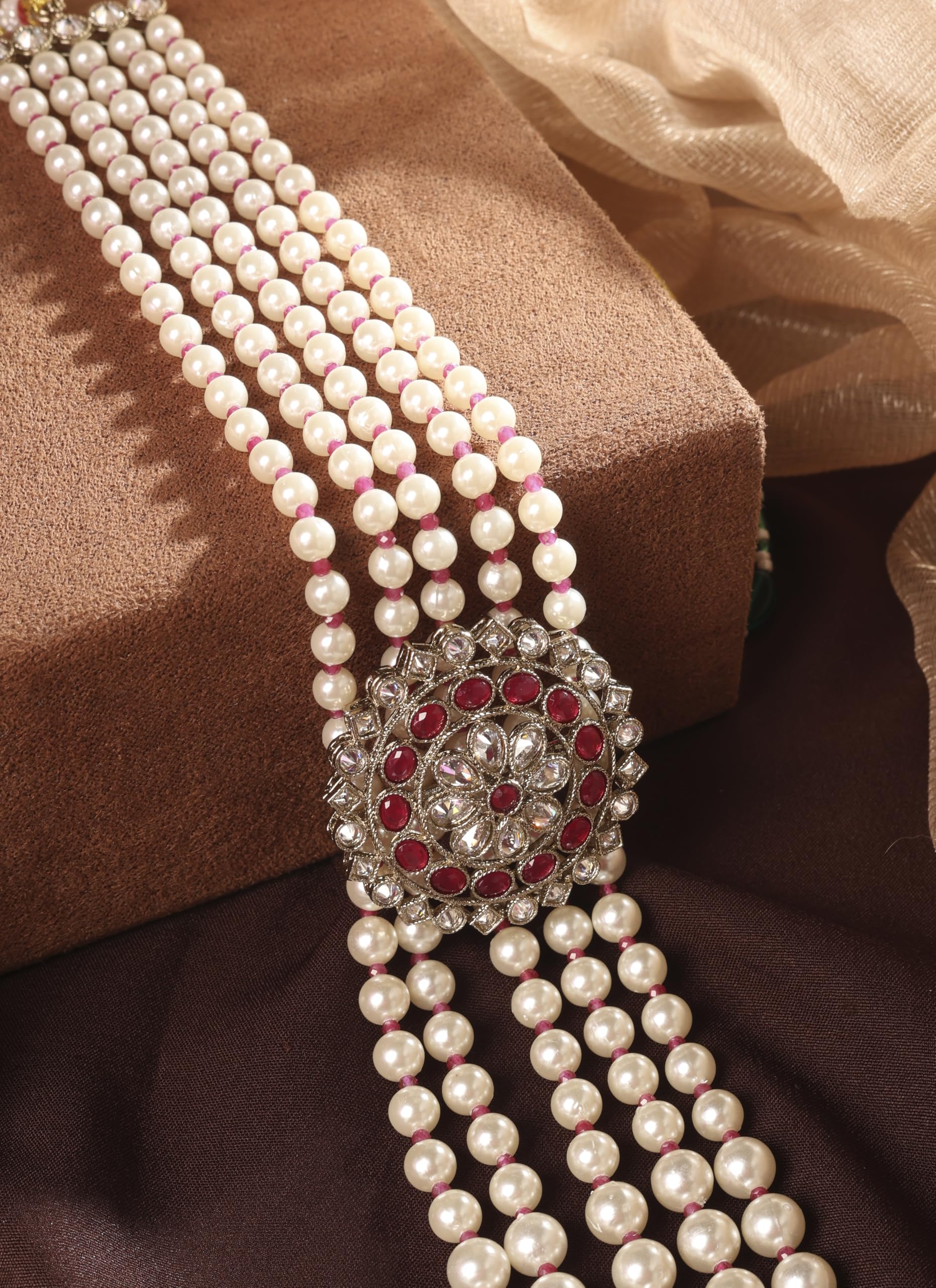 Saloni Fashion Jewellery Marvellous Flower Design Pearl 5 String Ruby Stone Kundan Antique Gold Plated Long Haram Necklace Mala For Women and Girls