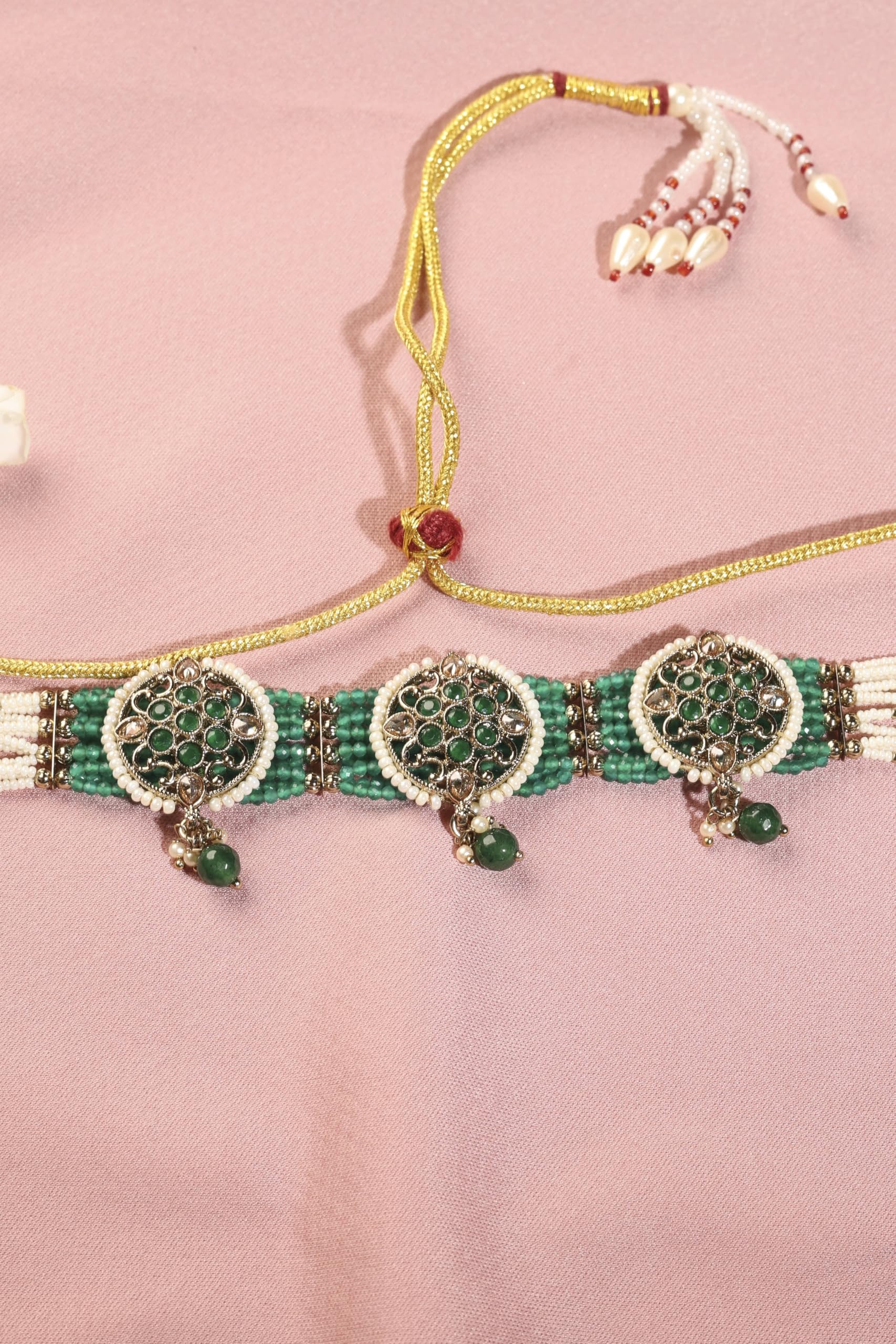 Saloni Fashion Jewellery Stylish Round Shape Mother of Pearl Green Kundan Stone Antique Gold Plated Collar Necklace Set For Women and Girls