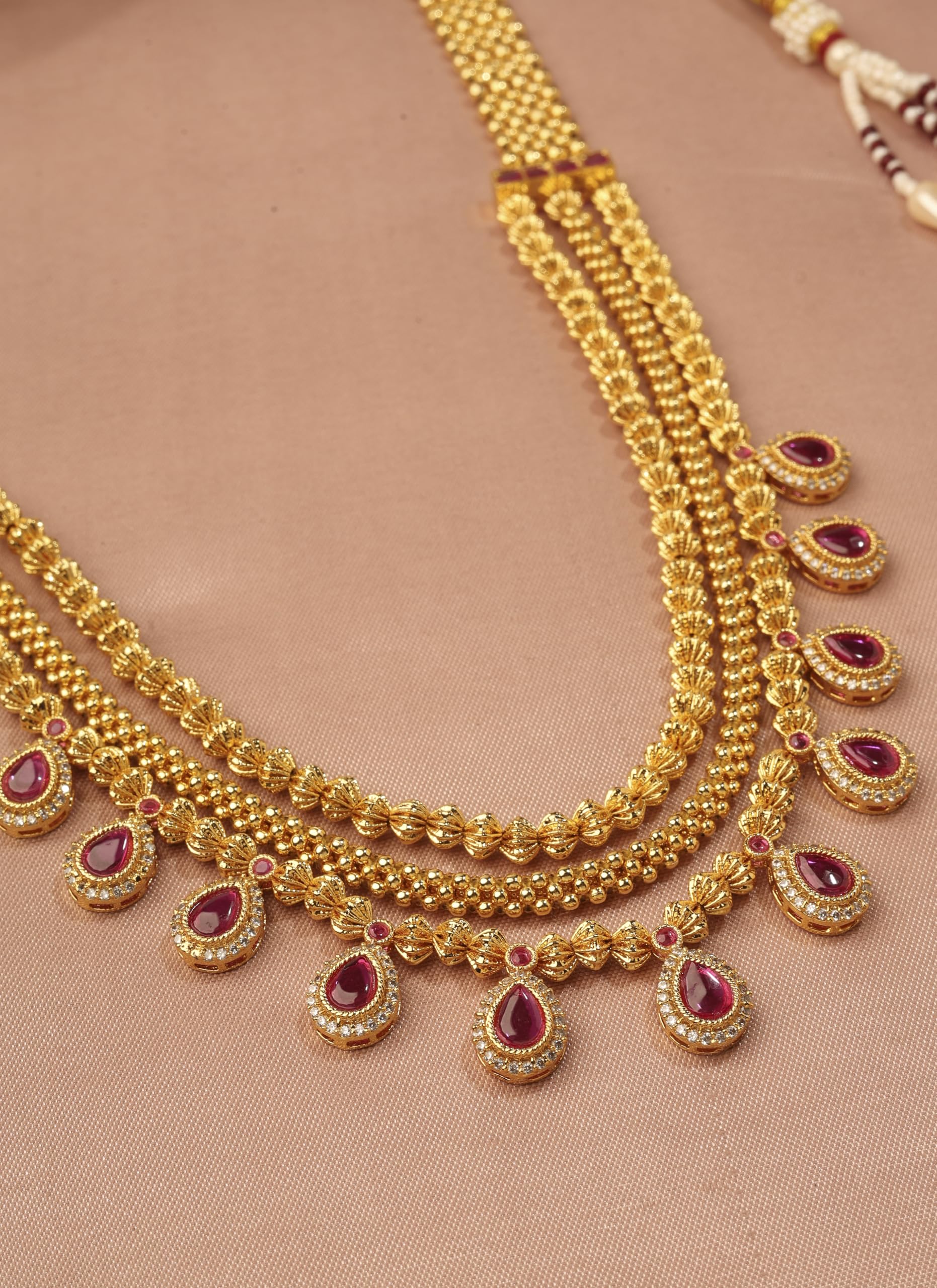 Saloni Fashion Jewellery Traditional Oval Shape Pink Kundan Stone 3 String Small Golden Balls Gold Plated Long Haram Brass Necklace For Women and Girls