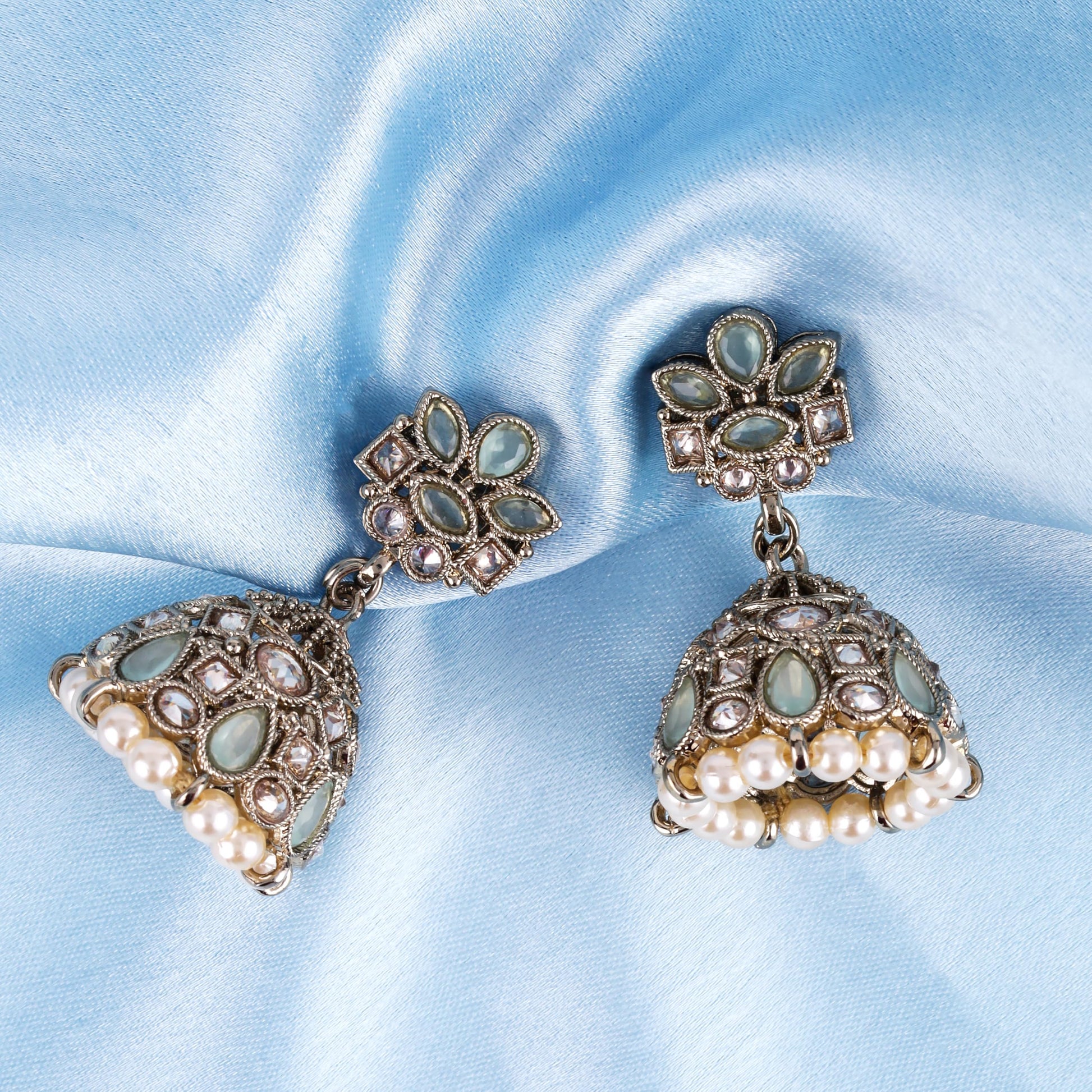 Saloni Fashion Jewellery Charming Flower Design Sky Blue Uncut Kundan Stone Antique Gold Plated Jhumki Earring For Women and Girls