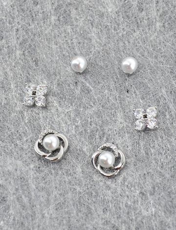 Saloni Fashion Jewellery Pleasing Flower Design Pearl Brass Silver Plated Set of 3 Combo Stud Earring For Women and Girls
