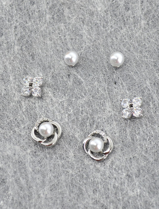 Saloni Fashion Jewellery Pleasing Flower Design Pearl Brass Silver Plated Set of 3 Combo Stud Earring For Women and Girls