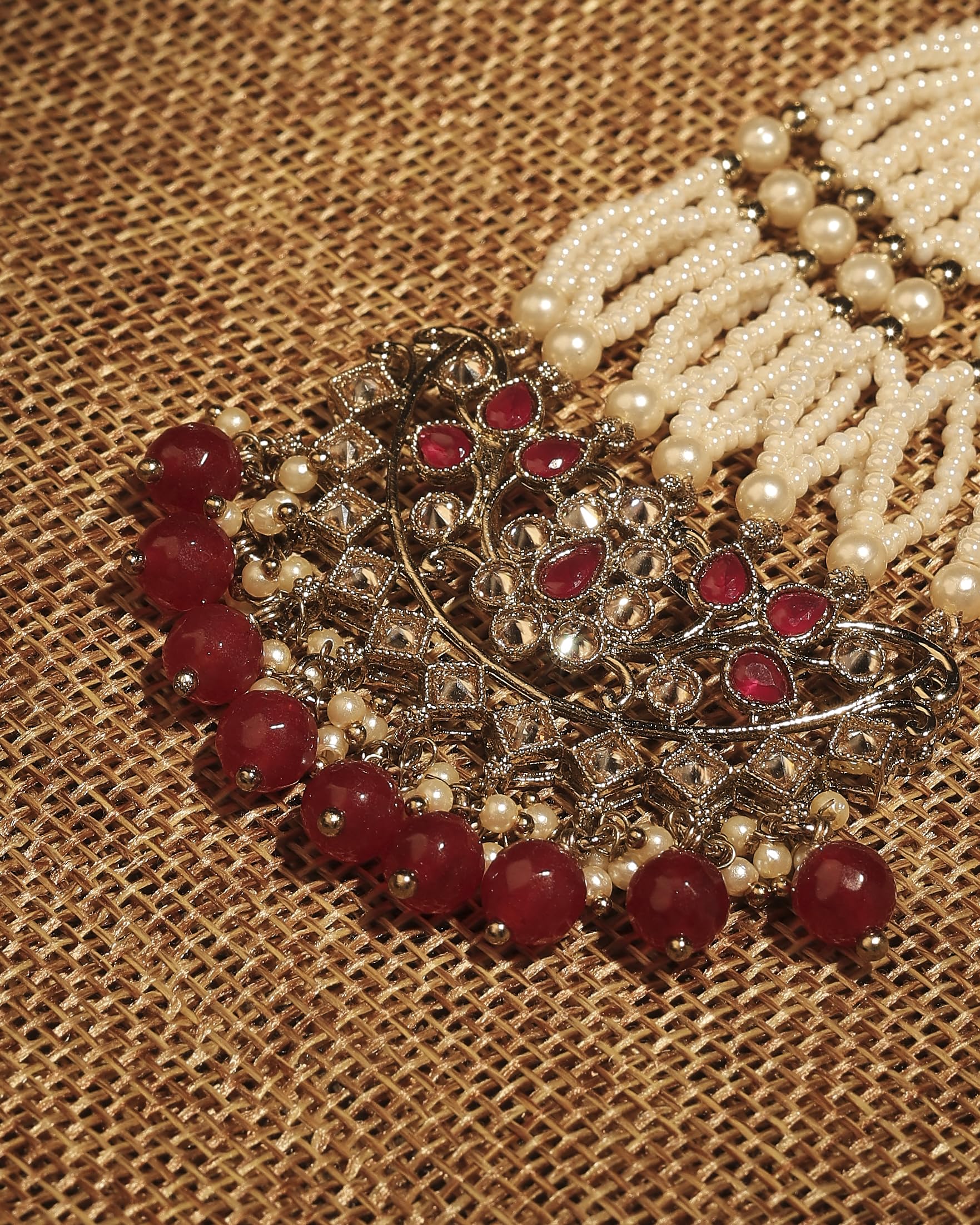 Saloni Fashion Jewellery Pretty Flower and Leaf Design Gold Plated Lariat Pearl Ruby Kundan Stone Passa/Matha Patti For Women and Girls