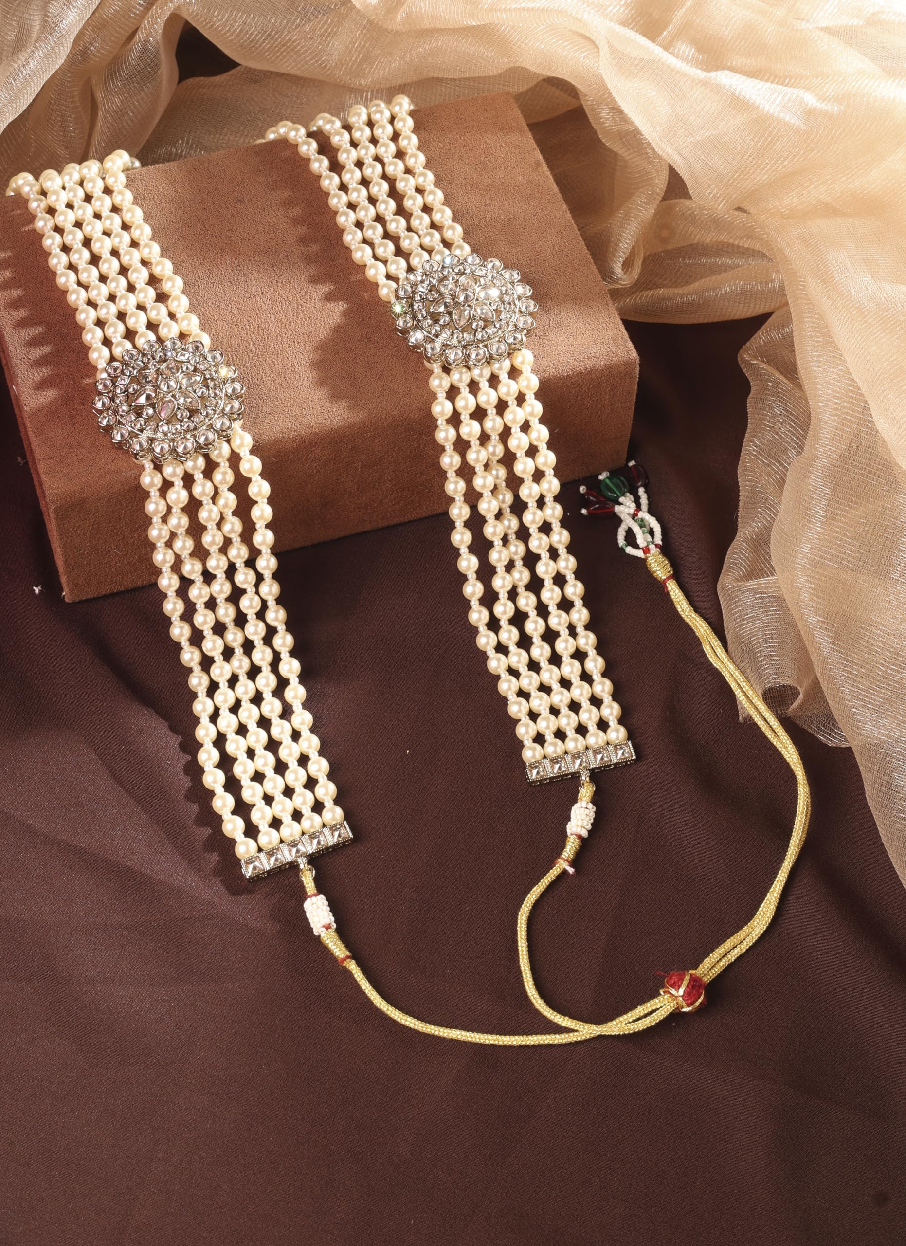 Saloni Fashion Jewellery Royal Flower Design Pearl 5 String Brown Stone Kundan Antique Gold Plated Long Haram Necklace Mala For Women and Girls