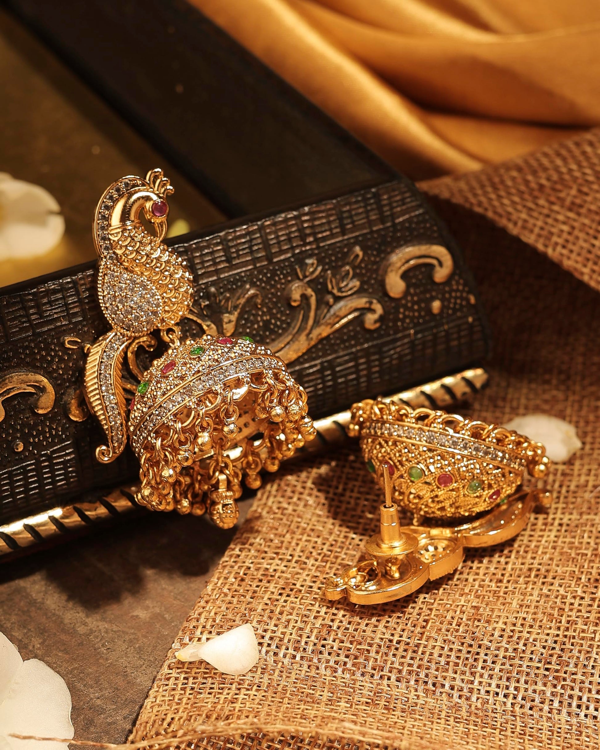 Saloni Fashion Jewellery Pleasant Peacock Design Gold Plated CZ Studded Brass Jhumki Earring For Women and Girls