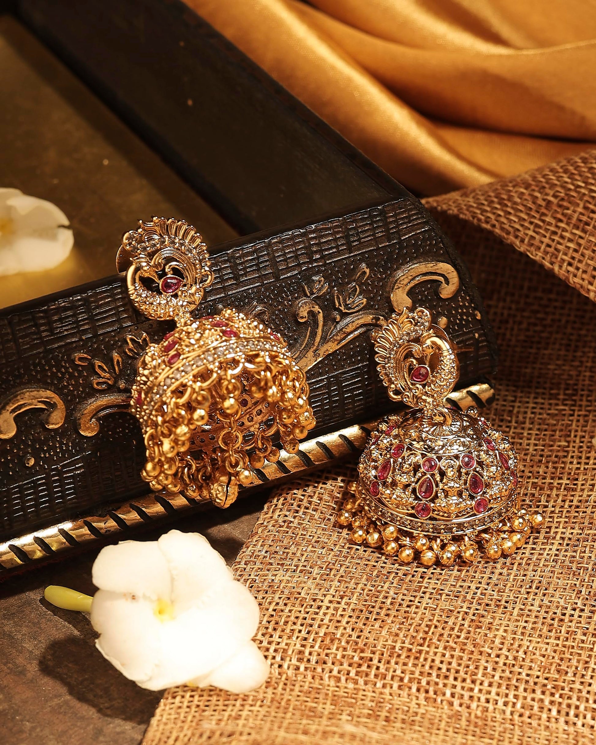 Saloni Fashion Jewellery Royal Peacock Design Gold Plated Ruby Kundan Stone Small Golden Balls Brass Jhumki Earring For Women and Girls