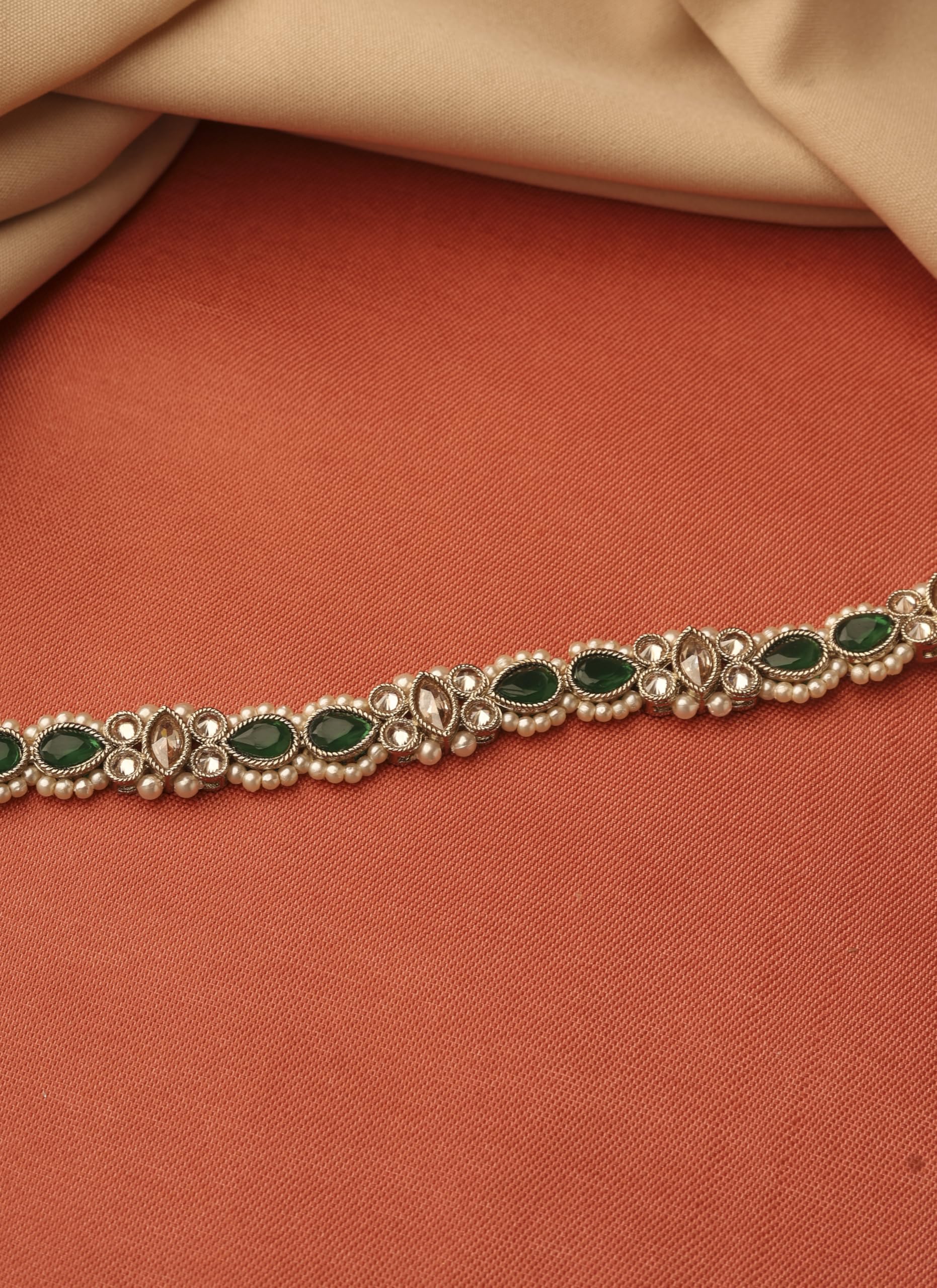 Saloni Fashion Jewellery Traditional Oval Shape Pearl Green Kundan Stone Antique Gold Plated Kamarband For Women and Girls