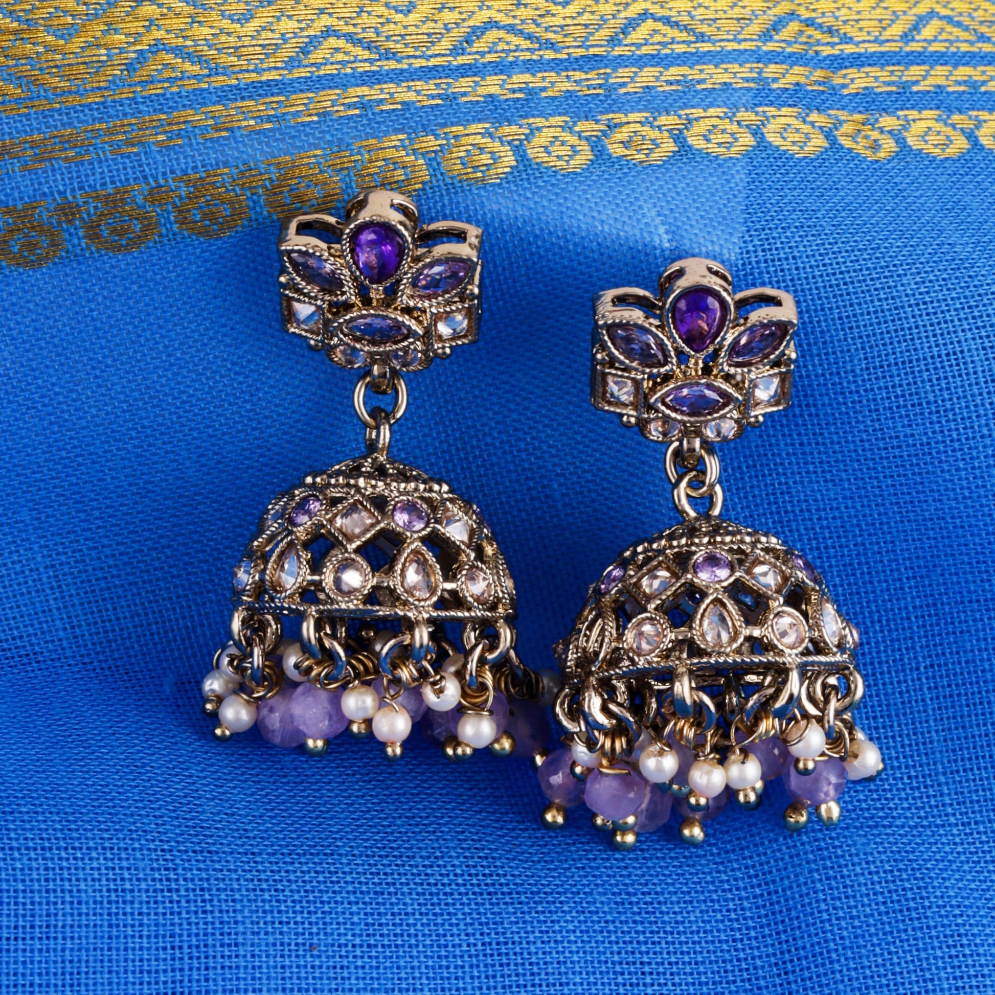 Saloni Fashion Jewellery Brilliant Flower Design Purple Uncut Kundan Stone Antique Gold Plated Jhumki Earring For Women and Girls