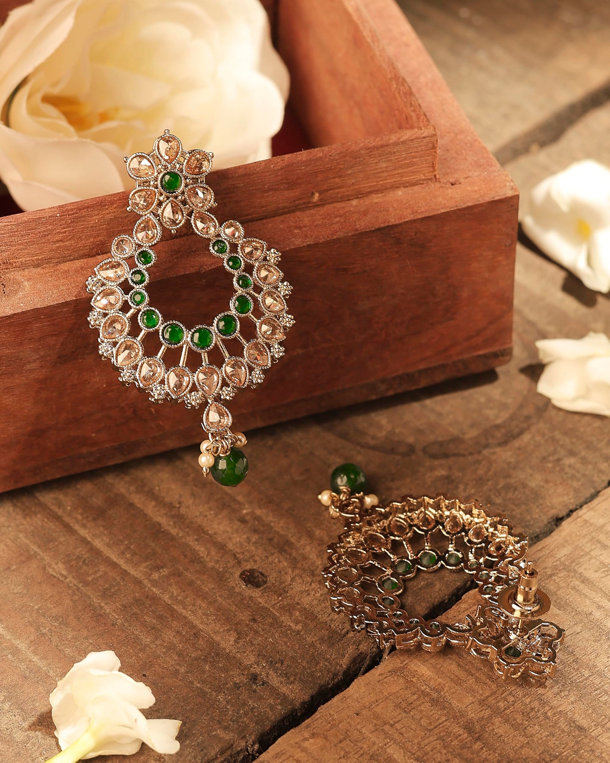 Saloni Fashion Jewellery Graceful Pear and Flower Design Gold Plated Green Kundan Stone Chandelier Earring For Women and Girls