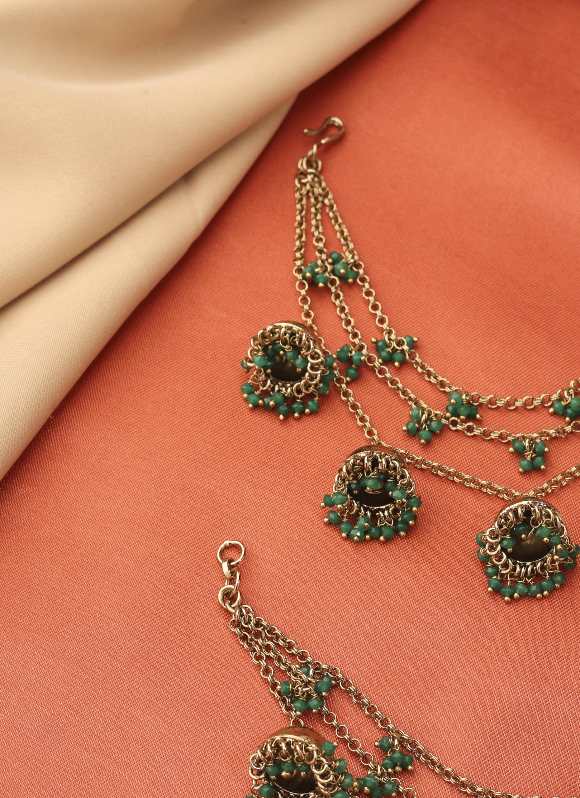Saloni Fashion Jewellery Marvellous Latkan Jhumki 3 String Chain Green Pearl Antique Gold Plated Thread Earring Brass Kaan Chain For Women and Girls