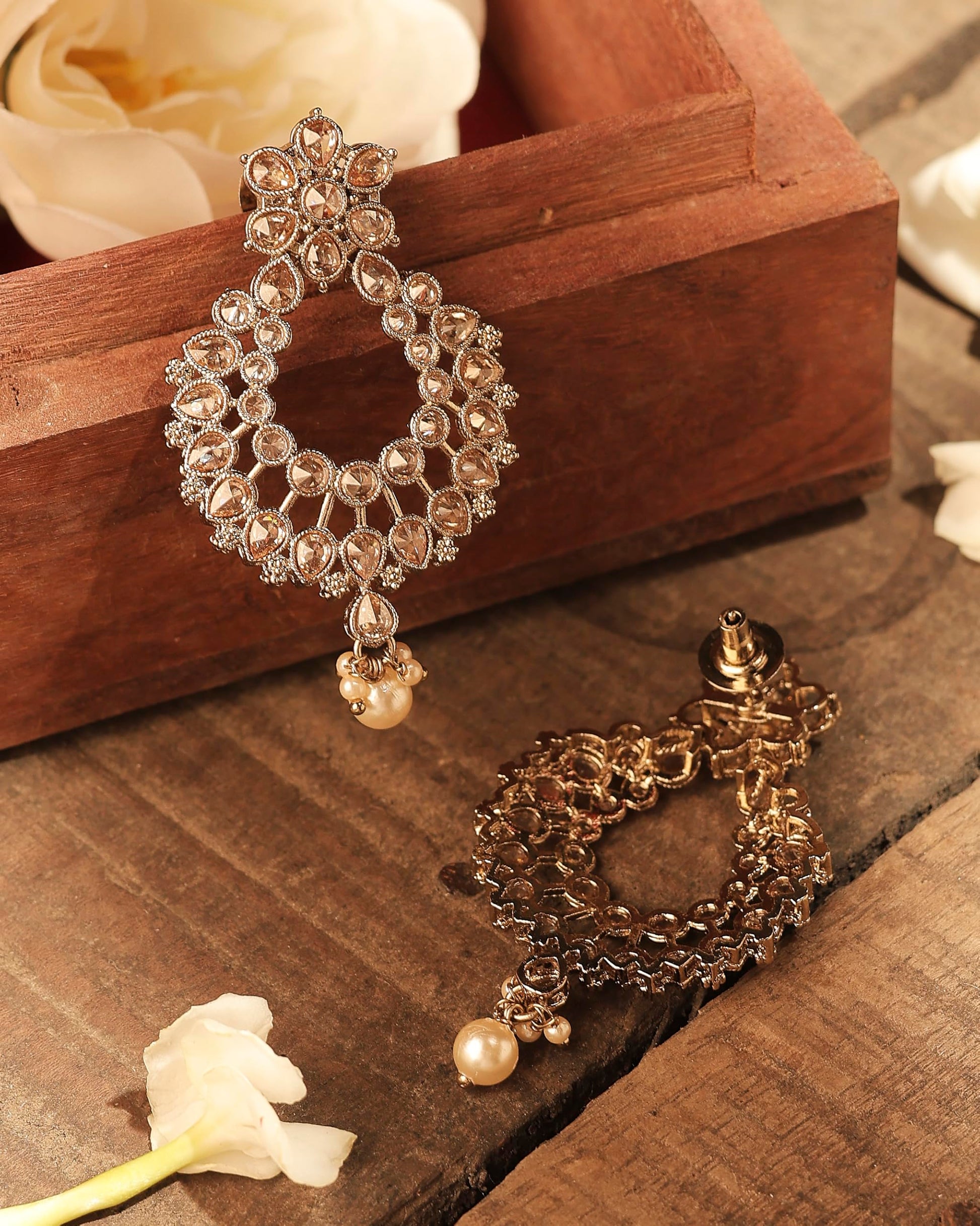 Saloni Fashion Jewellery Gorgeous Pear and Flower Design Gold Plated Brown Kundan Stone Chandelier Earring For Women and Girls