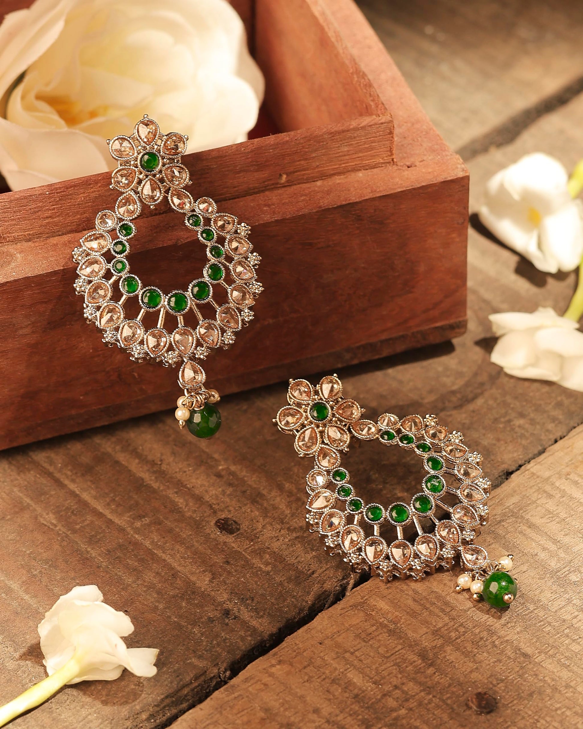 Saloni Fashion Jewellery Graceful Pear and Flower Design Gold Plated Green Kundan Stone Chandelier Earring For Women and Girls