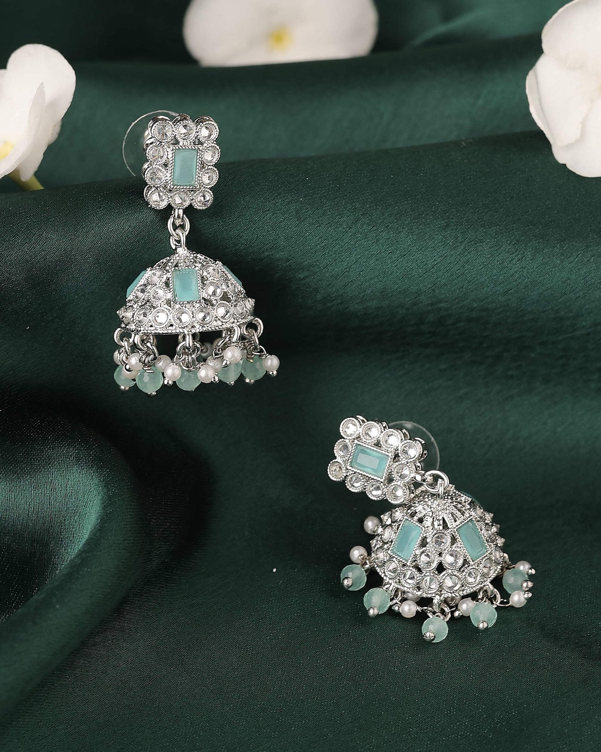 Saloni Fashion Jewellery Designer Square Shape Silver Plated Sky Blue Kundan Stone Jhumki Earring For Women and Girls