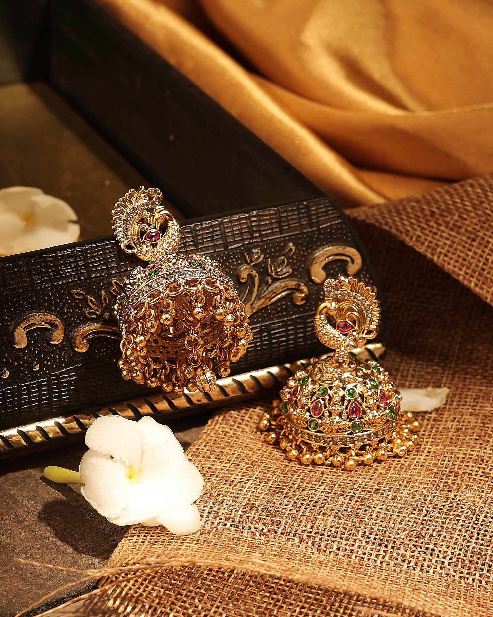 Saloni Fashion Jewellery Pretty Peacock Design Gold Plated Multi Kundan Stone Small Golden Balls Brass Jhumki Earring For Women and Girls