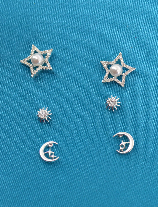 Saloni Fashion Jewellery Smooth Star and Half Moon Shape CZ Brass Silver Plated Set of 3 Combo Stud Earring For Women and Girls