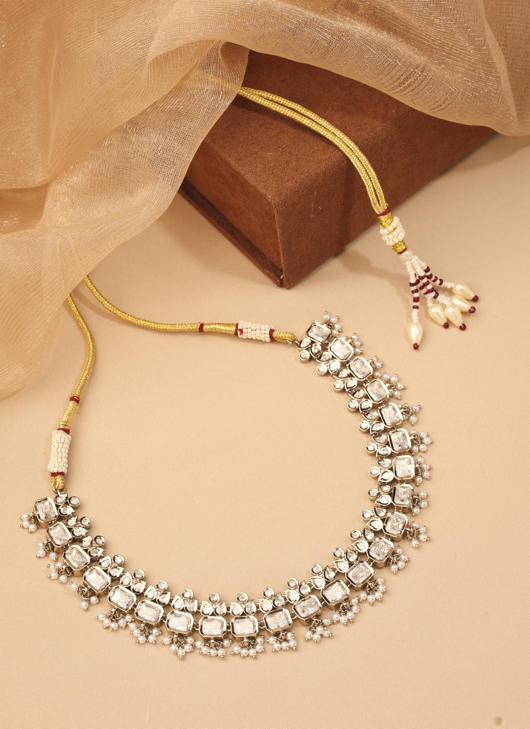 Saloni Fashion Jewellery Surprise Leaf and Sqaure Shape White Kundan Stone Pearl Antique Gold Plated Choker Brass Necklace With Maang Tikka For Women and Girls