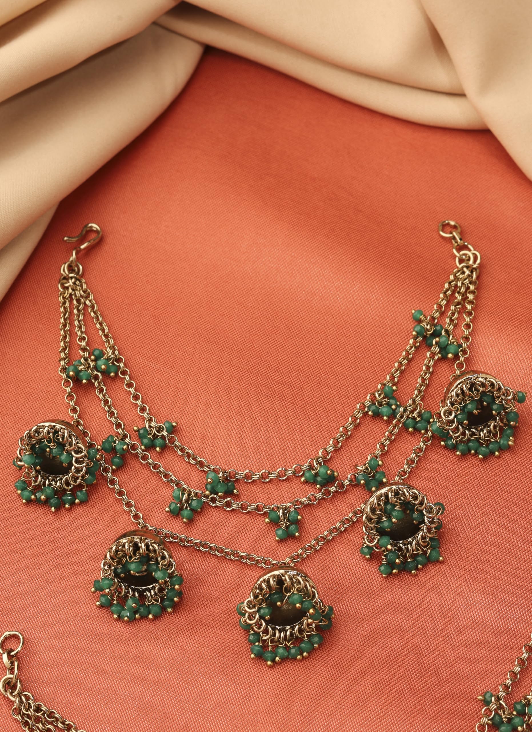 Saloni Fashion Jewellery Marvellous Latkan Jhumki 3 String Chain Green Pearl Antique Gold Plated Thread Earring Brass Kaan Chain For Women and Girls