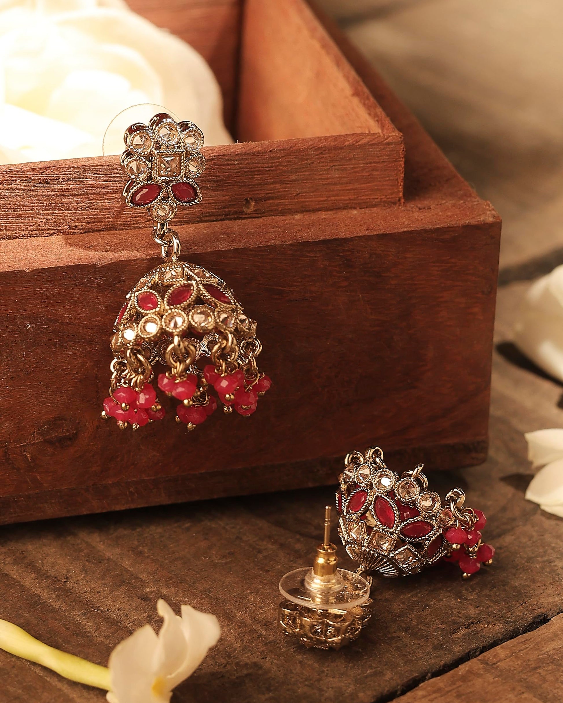 Saloni Fashion Jewellery Enjoyable Round and Pear Shape Silver Plated Pearl Ruby Kundan Stone Jhumki Earring For Women and Girls