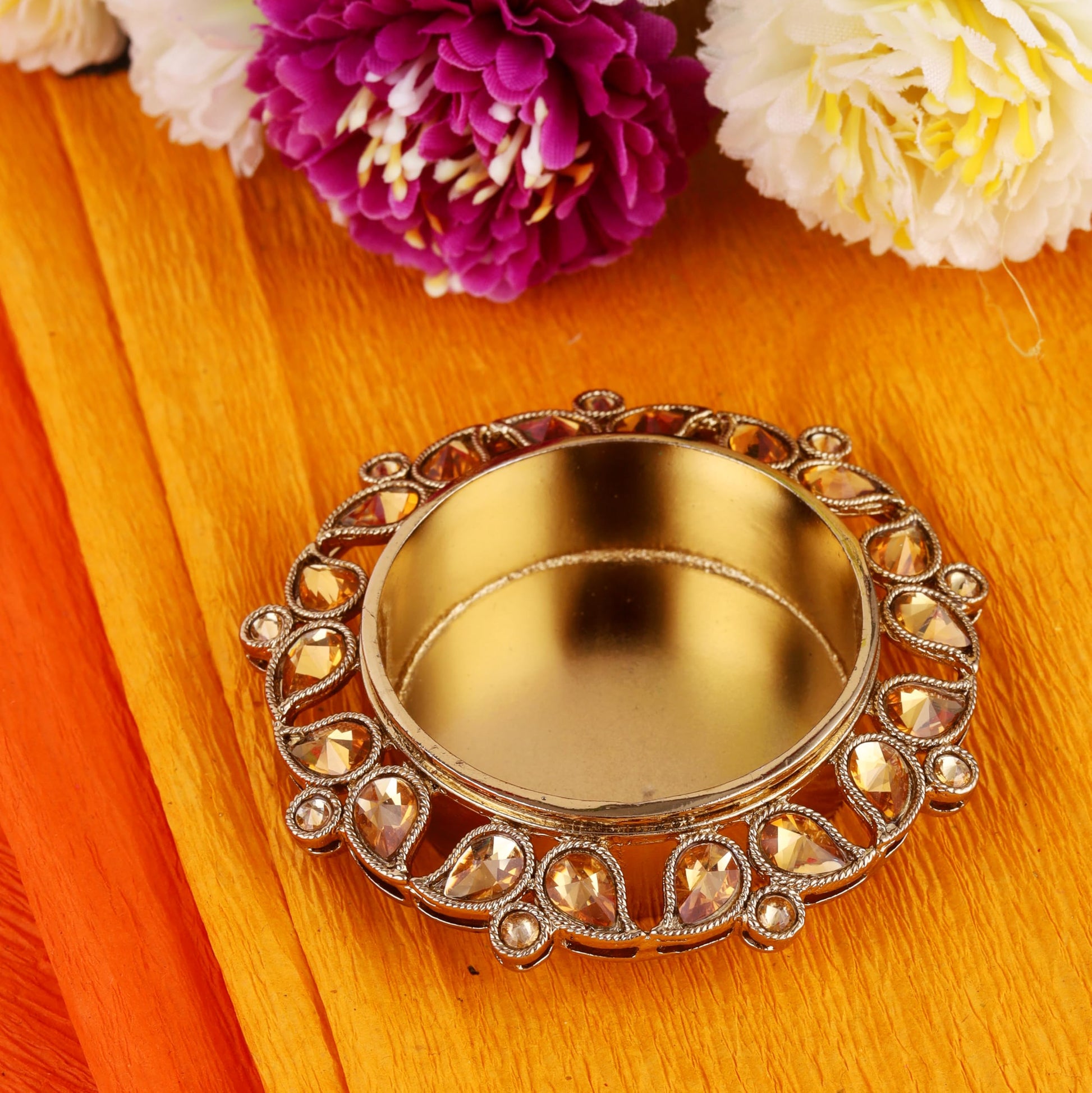 Saloni Fashion Jewellery Traditional Designer Paisley and Round Shape Brass Gold Plated Brown Stone Festival Decorative Deep / Diya