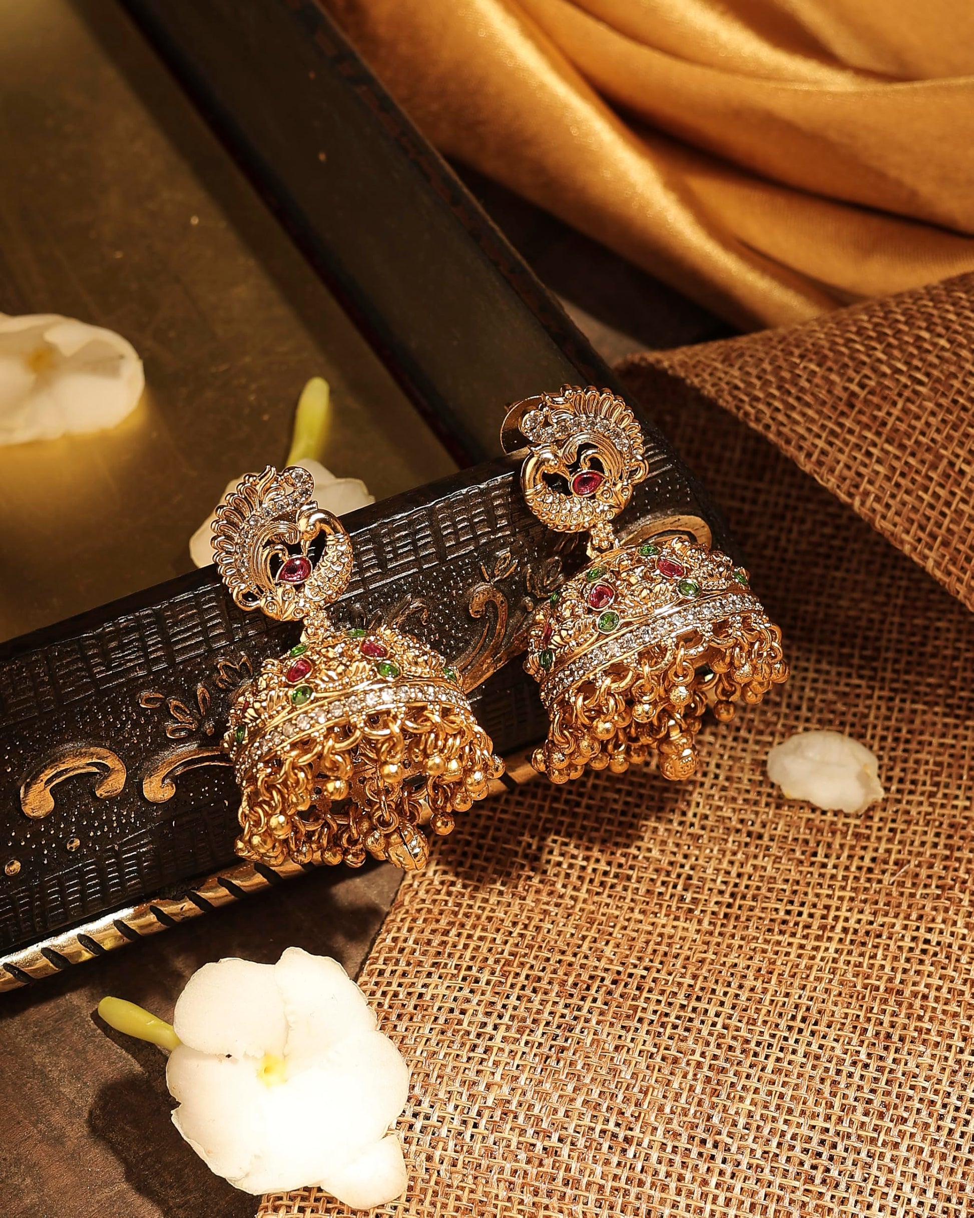 Saloni Fashion Jewellery Pretty Peacock Design Gold Plated Multi Kundan Stone Small Golden Balls Brass Jhumki Earring For Women and Girls