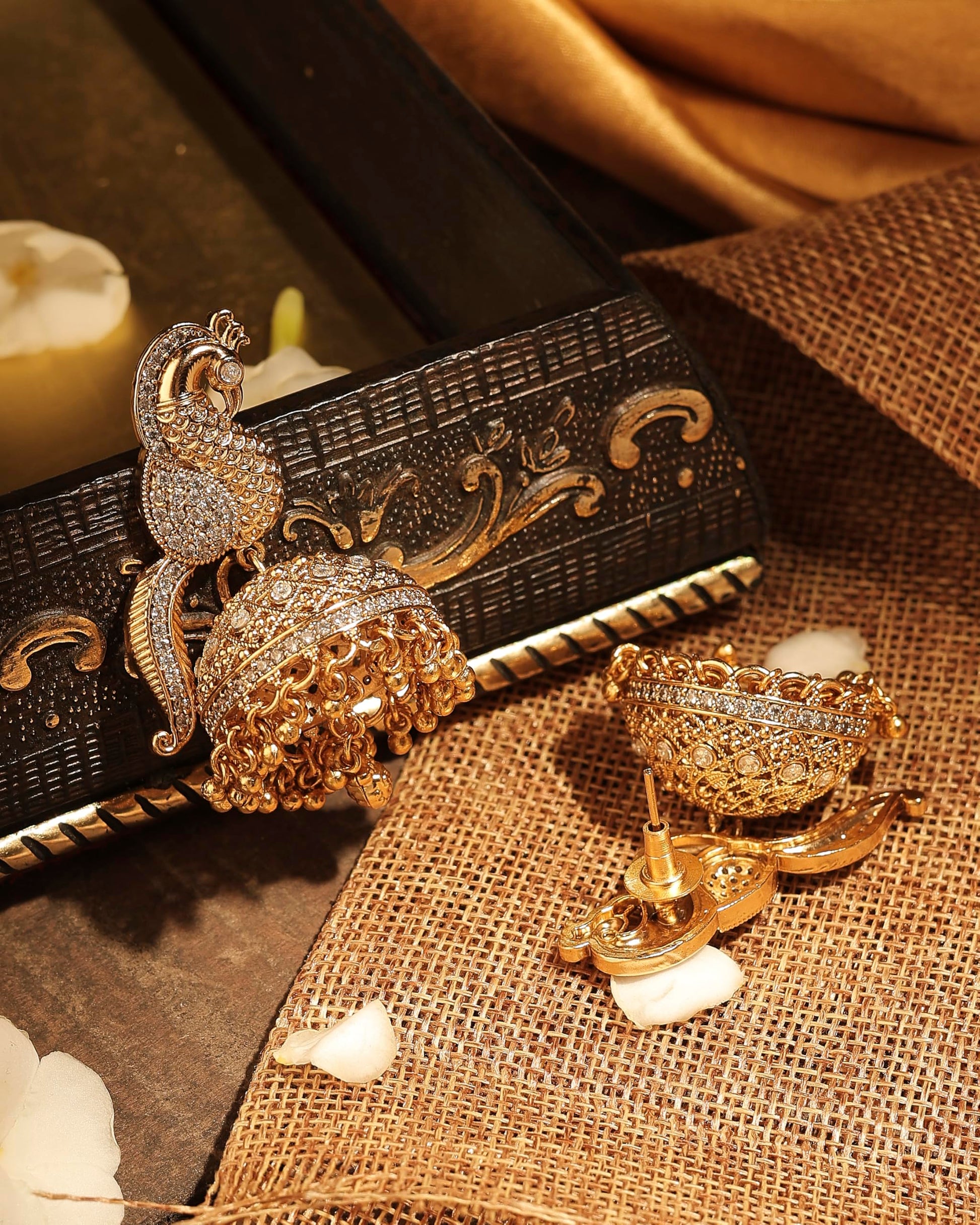 Saloni Fashion Jewellery Pleasing Peacock Design Gold Plated CZ Studded Small Golden Balls Brass Jhumki Earring For Women and Girls