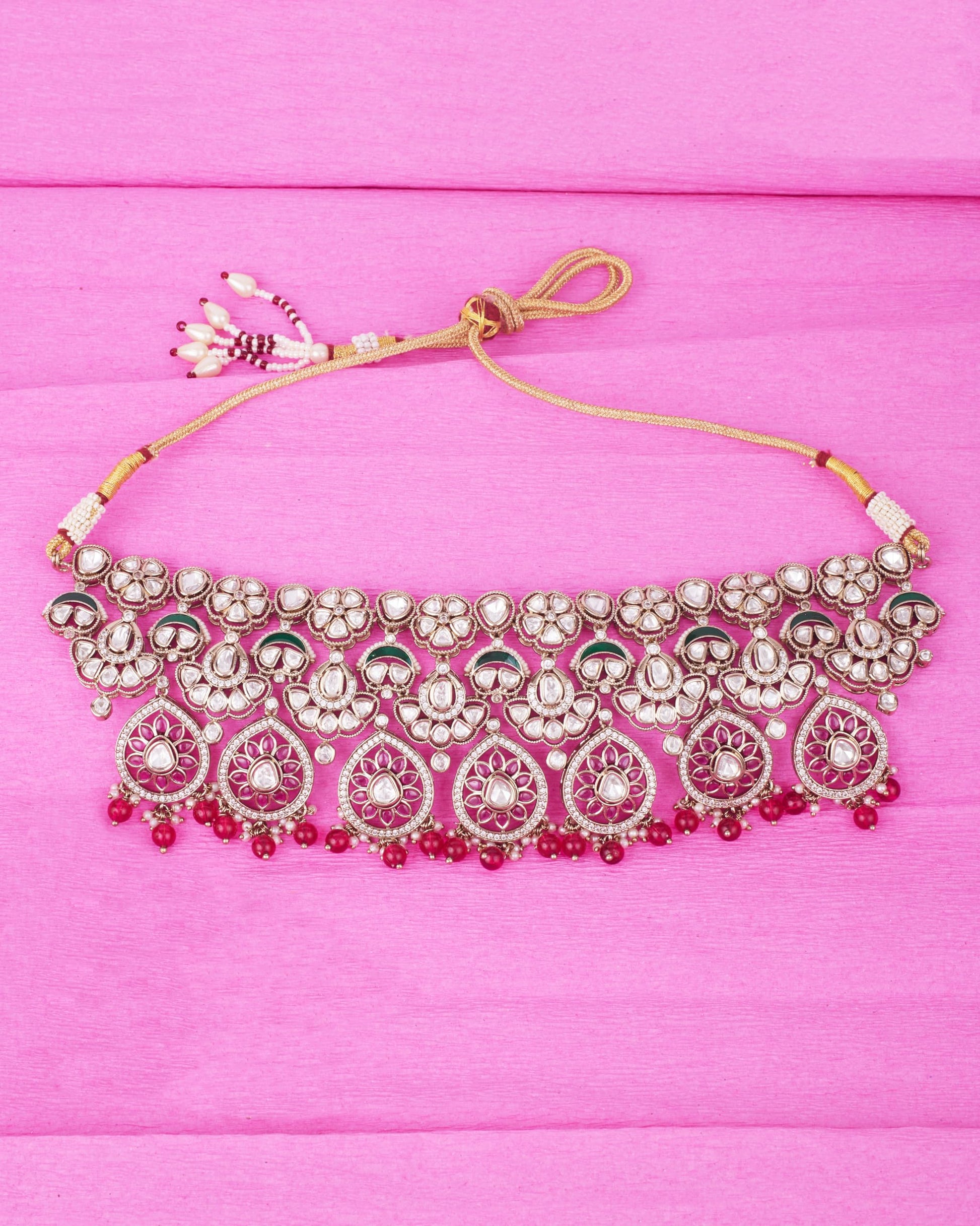 Saloni Fashion Jewellery Trendy Flower Design and Chandelier Shape Red Uncut Kundan Stone Antique Gold Plated Brass Choker Necklace Set For Women and Girls