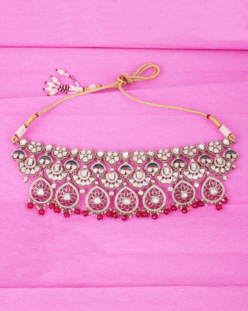 Saloni Fashion Jewellery Trendy Flower Design and Chandelier Shape Red Uncut Kundan Stone Antique Gold Plated Brass Choker Necklace Set For Women and Girls