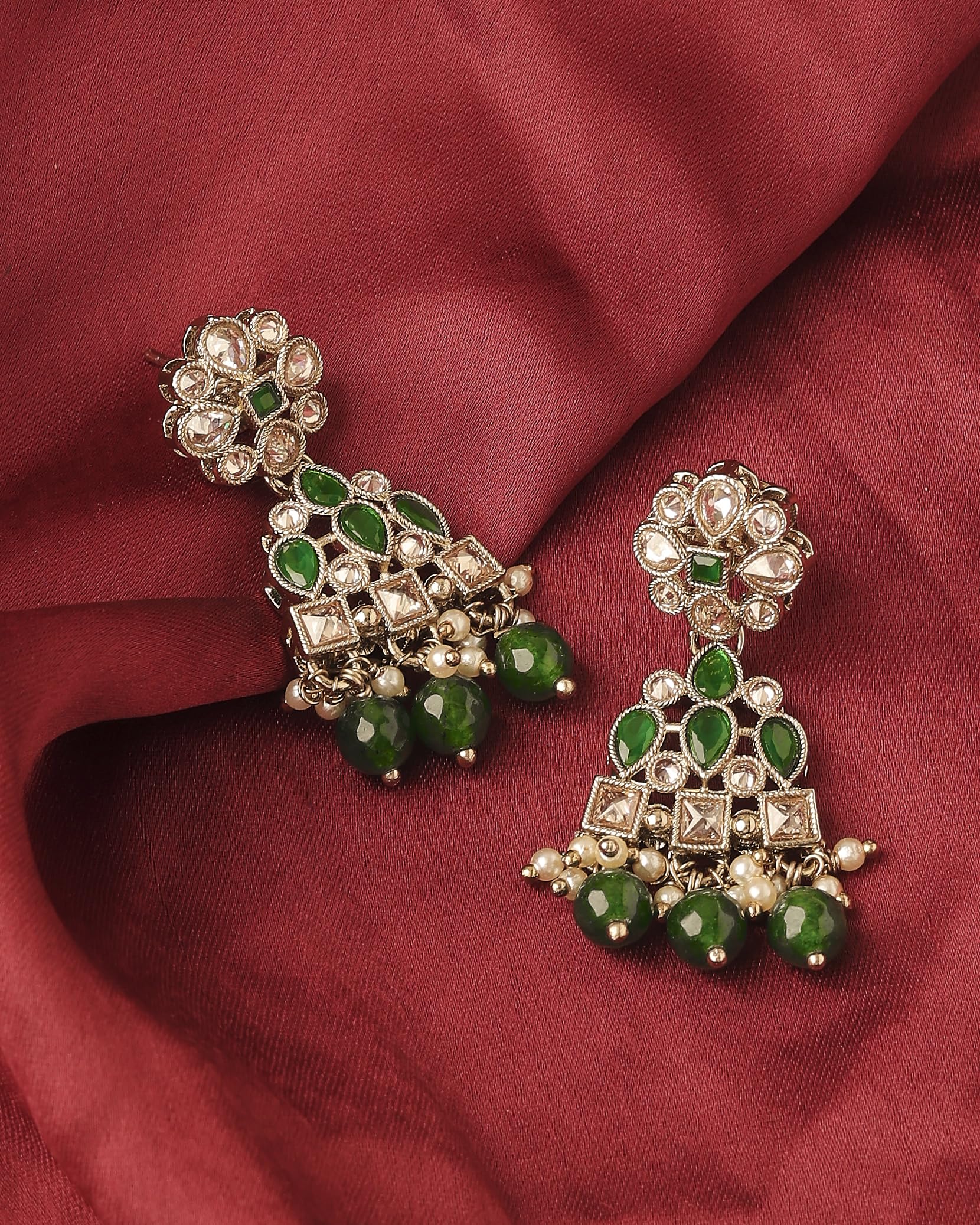 Saloni Fashion Jewellery Attractive Pear and Round Shape Gold Plated Green Kundan Stone Dangle Earring For Women and Girls