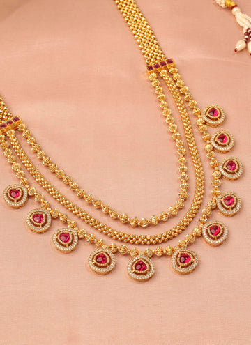 Saloni Fashion Jewellery Lovely Oval Shape Pink Kundan Stone 3 String Small Golden Balls Gold Plated Long Haram Brass Necklace For Women and Girls