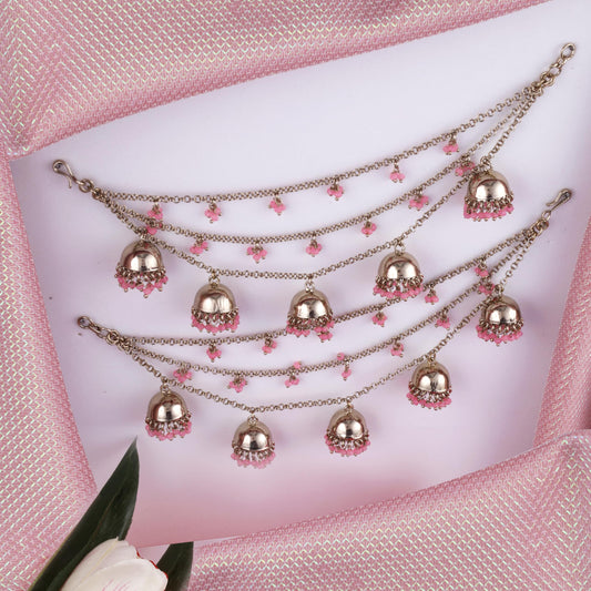 Saloni Fashion Jewellery Fancy Latkan Jhumki Pink Pearl 3 String Antique Gold Plated Set Of 2 Brass Ear-Chain (Kaanchain) For Women and Girls