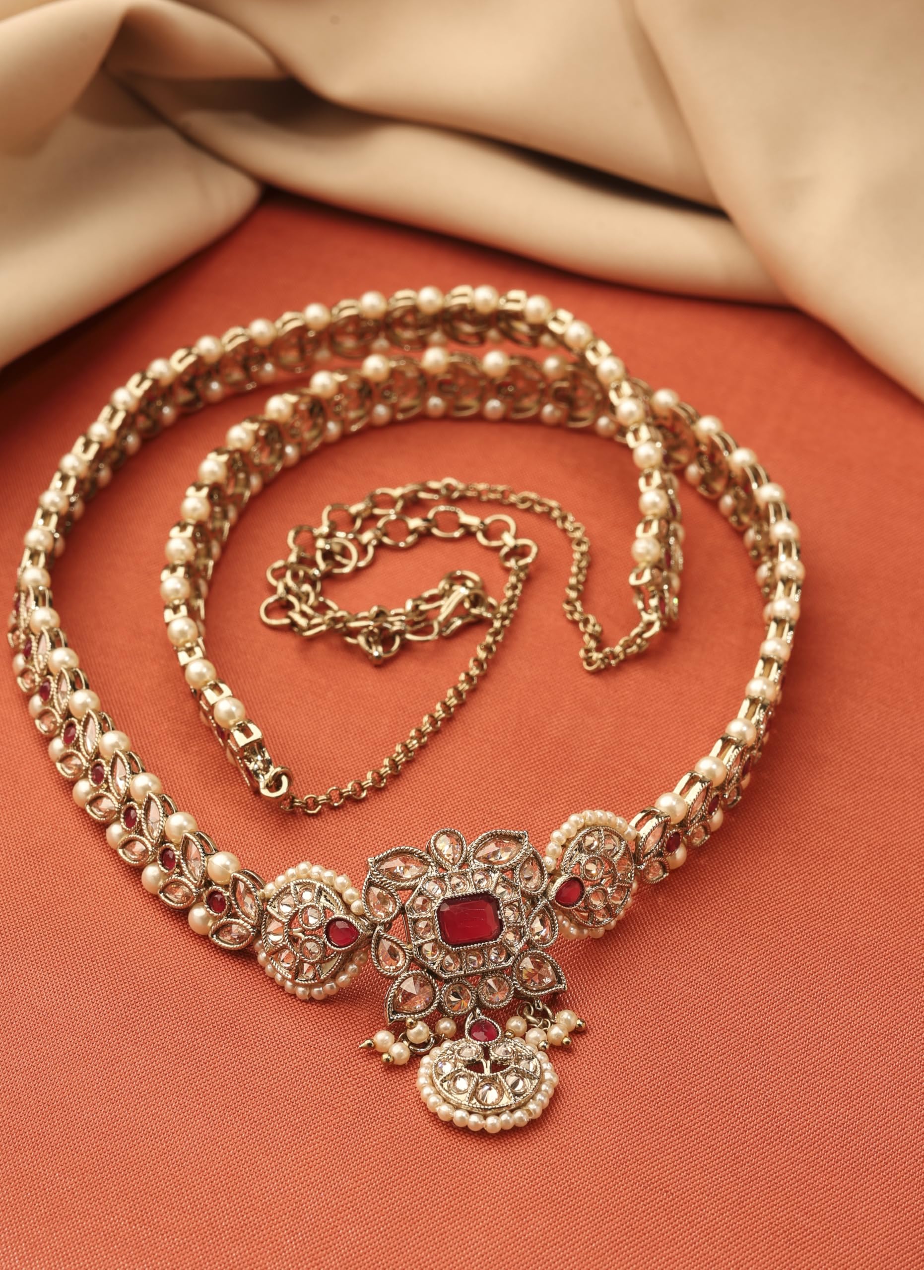 Saloni Fashion Jewellery Traditional Paisley and Leaf Design Pearl Ruby Kundan Stone Antique Gold Plated Kamarband For Women and Girls