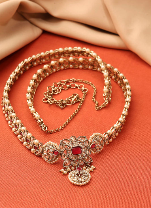 Saloni Fashion Jewellery Traditional Paisley and Leaf Design Pearl Ruby Kundan Stone Antique Gold Plated Kamarband For Women and Girls
