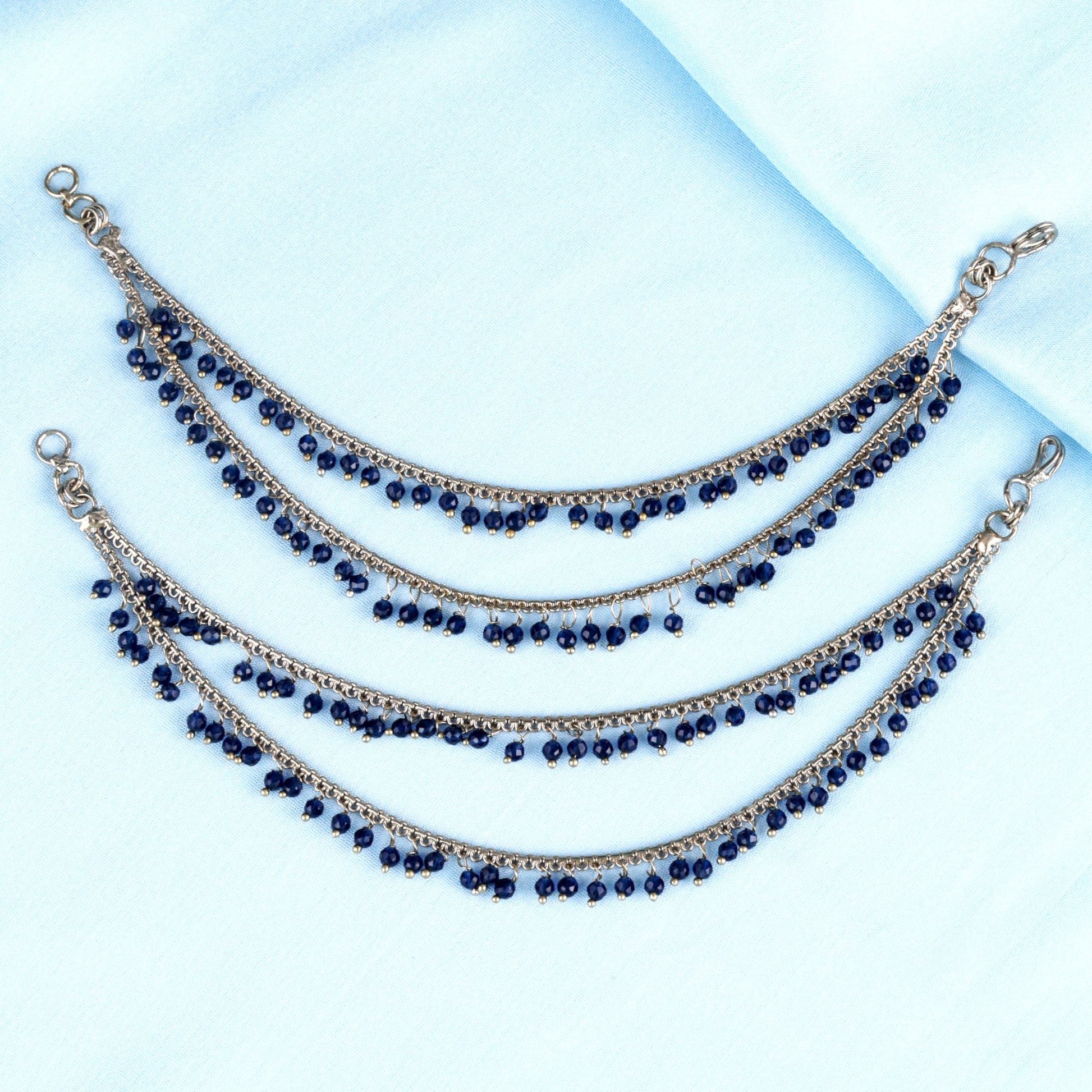 Saloni Fashion Jewellery Dazzling 2 String Blue Pearl Gold Plated Set Of 2 Brass Ear-Chain (Kaanchain) For Women and Girls